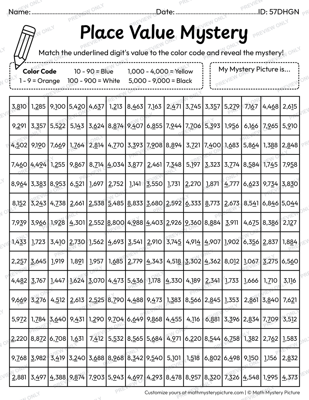 Easter Chick Value of Underlined Digit Math Mystery Picture Coloring Worksheet