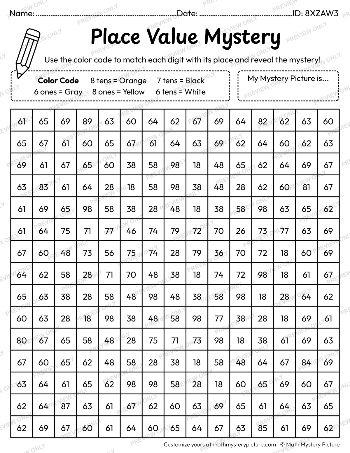 Cool Face 2-digit Place Value Math Mystery Picture Coloring Worksheet
