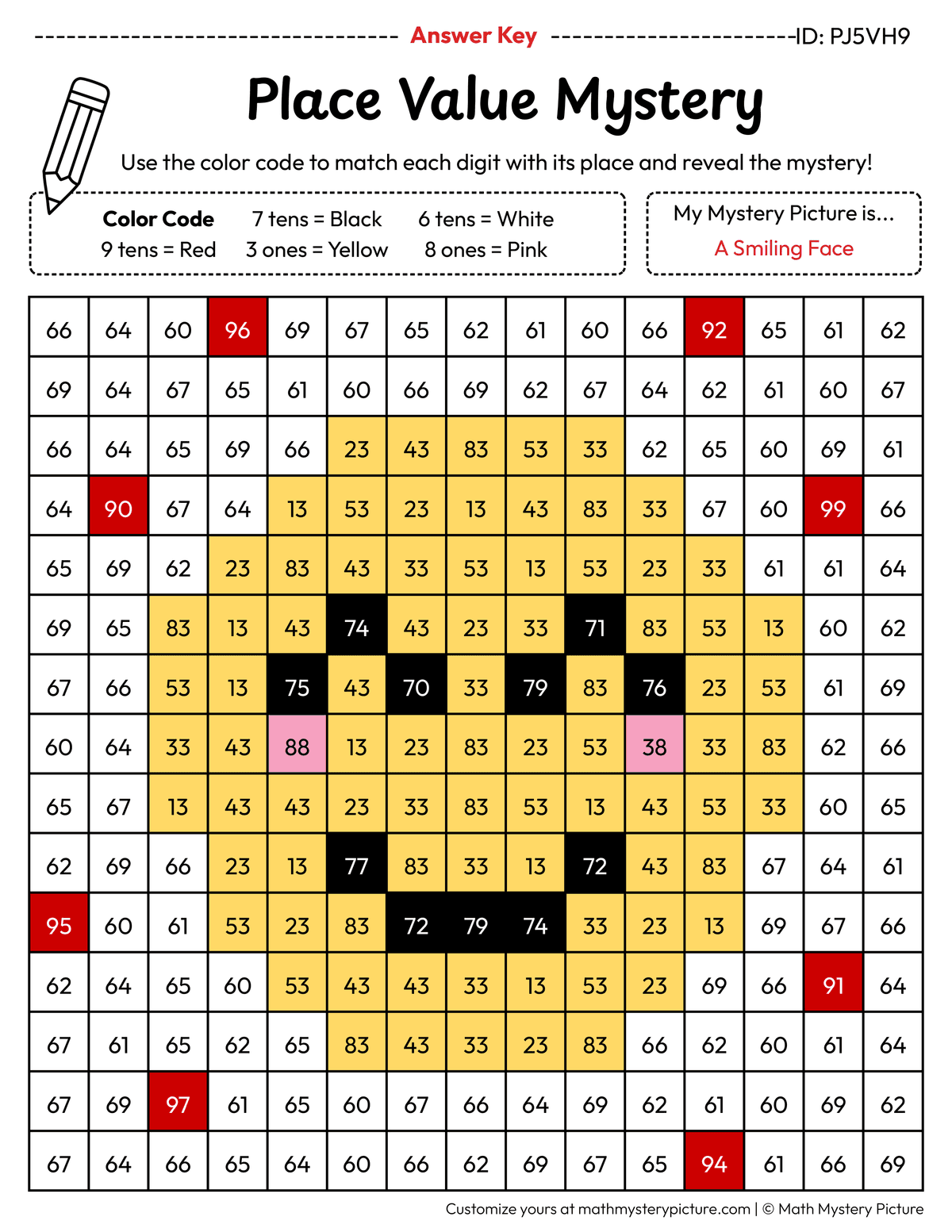 Smiling Face 2-digit Place Value Math Mystery Picture Color by Number Answer Key