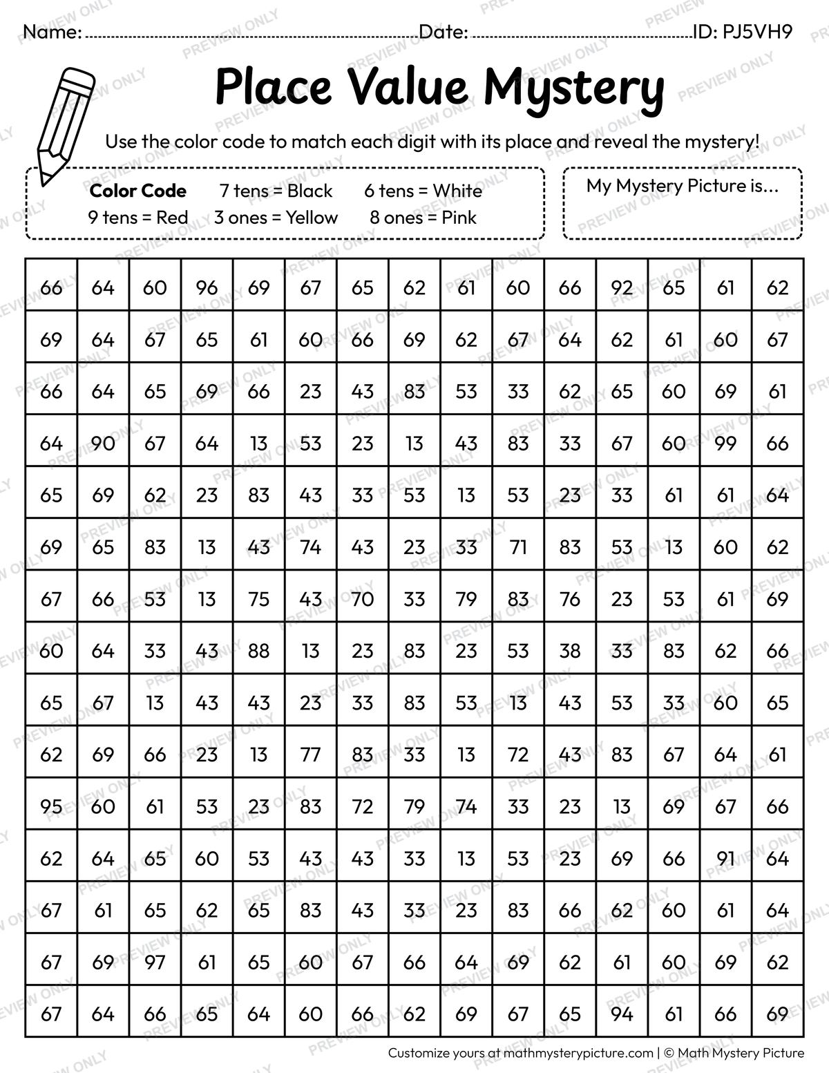 Smiling Face 2-digit Place Value Math Mystery Picture Coloring Worksheet