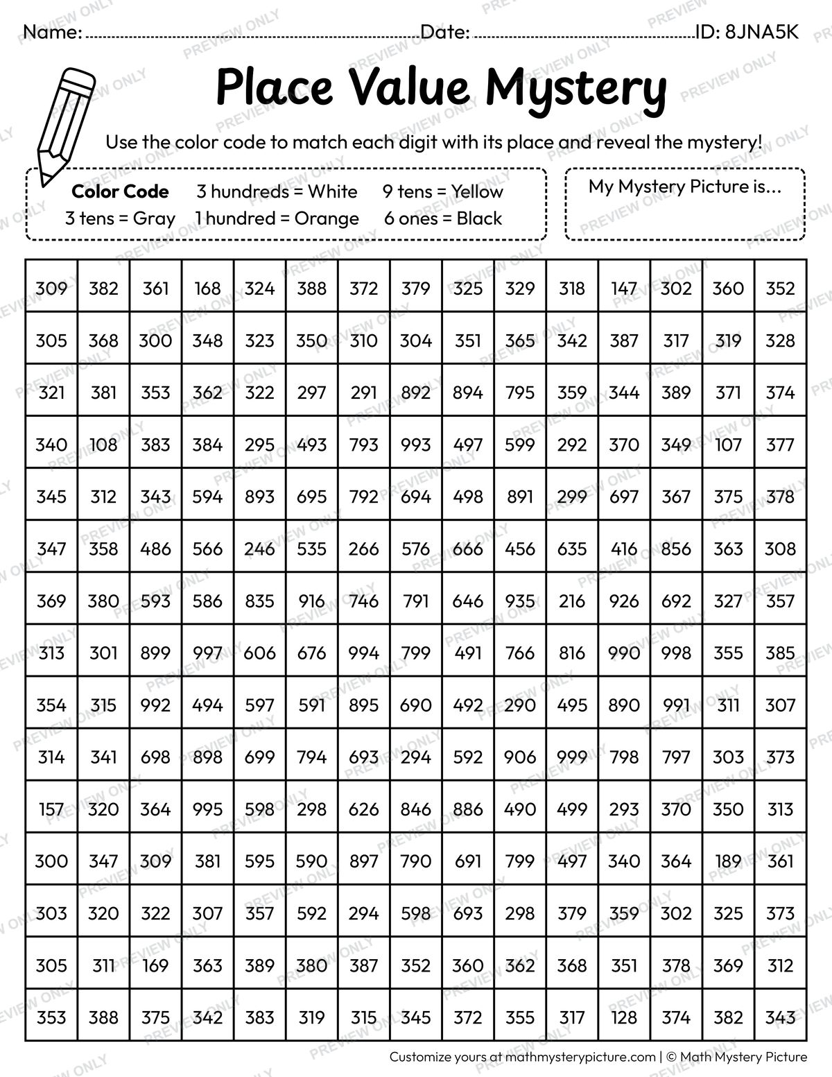 Cool Face 3-digit Place Value Math Mystery Picture Coloring Worksheet