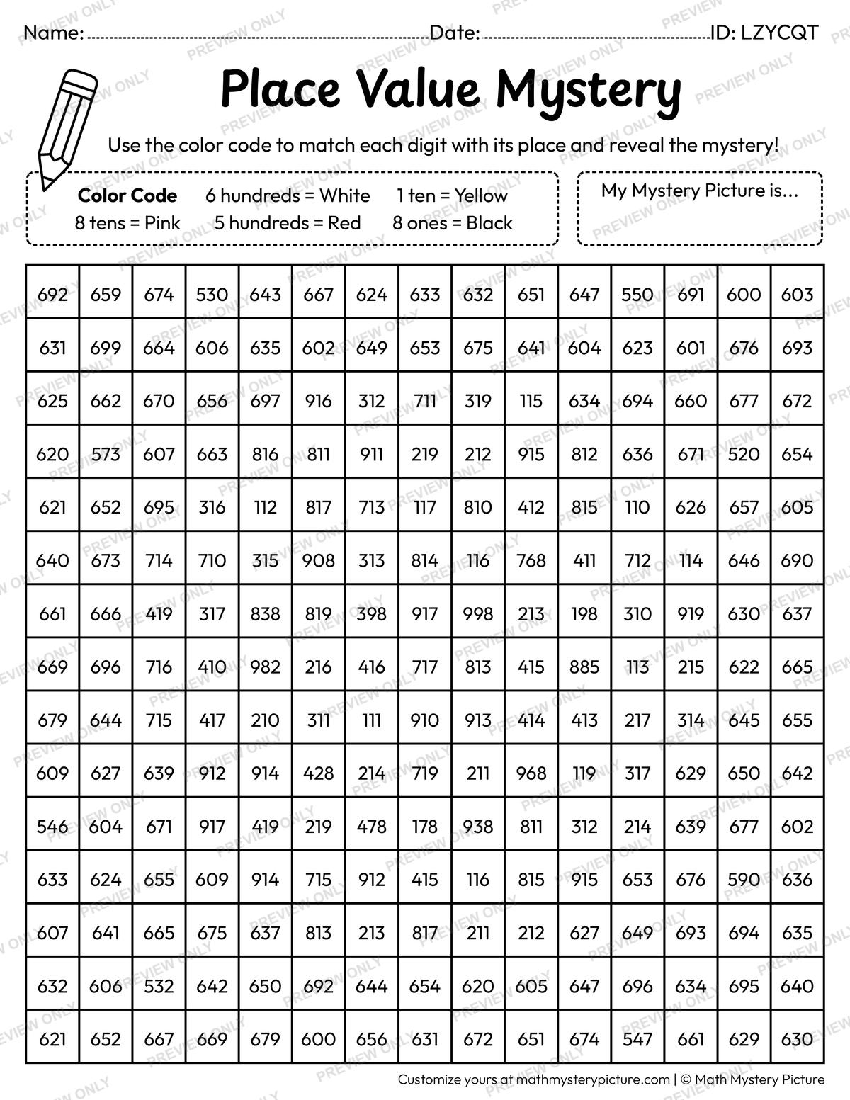Smiling Face 3-digit Place Value Math Mystery Picture Coloring Worksheet