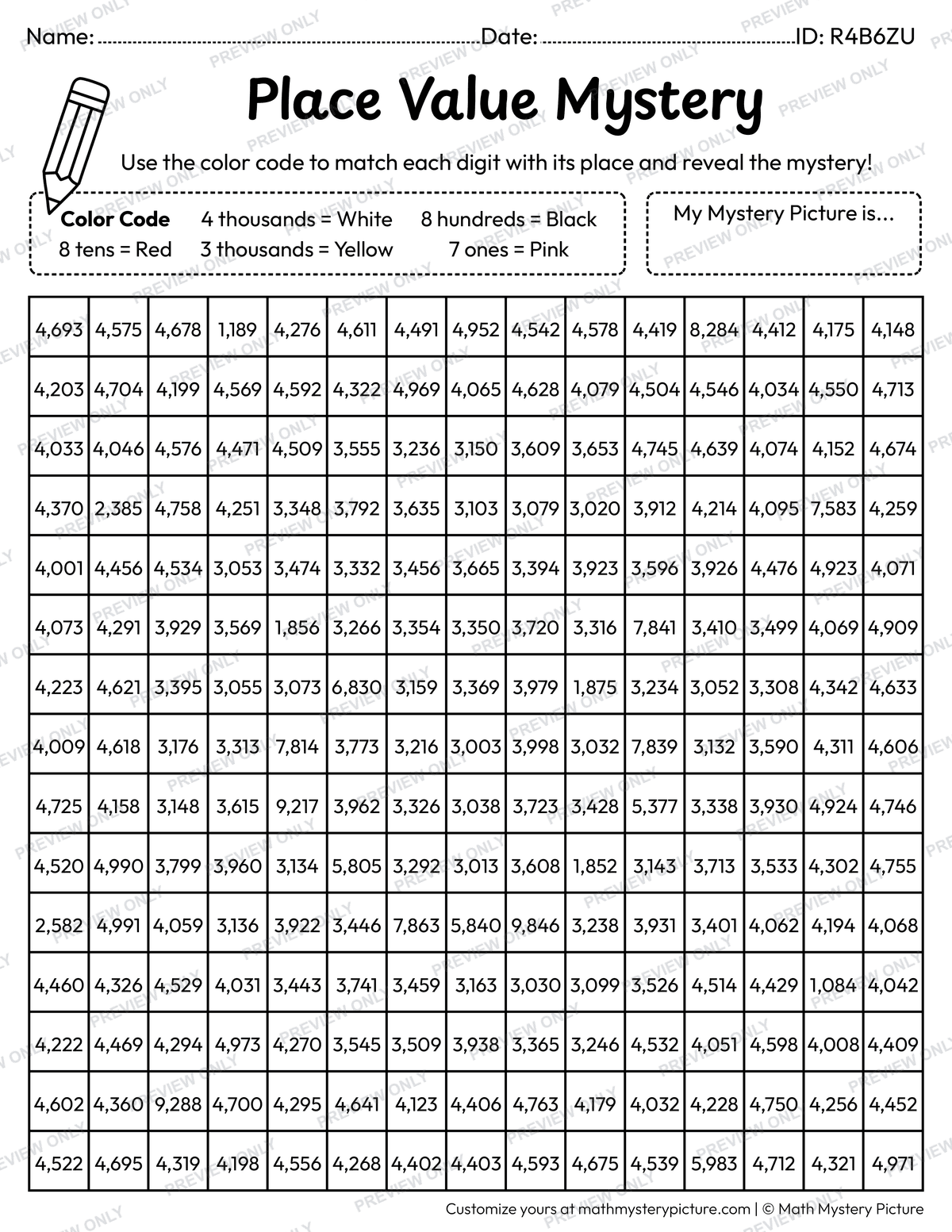 Cheerful Face 4-digit Place Value Math Mystery Picture Coloring Worksheet