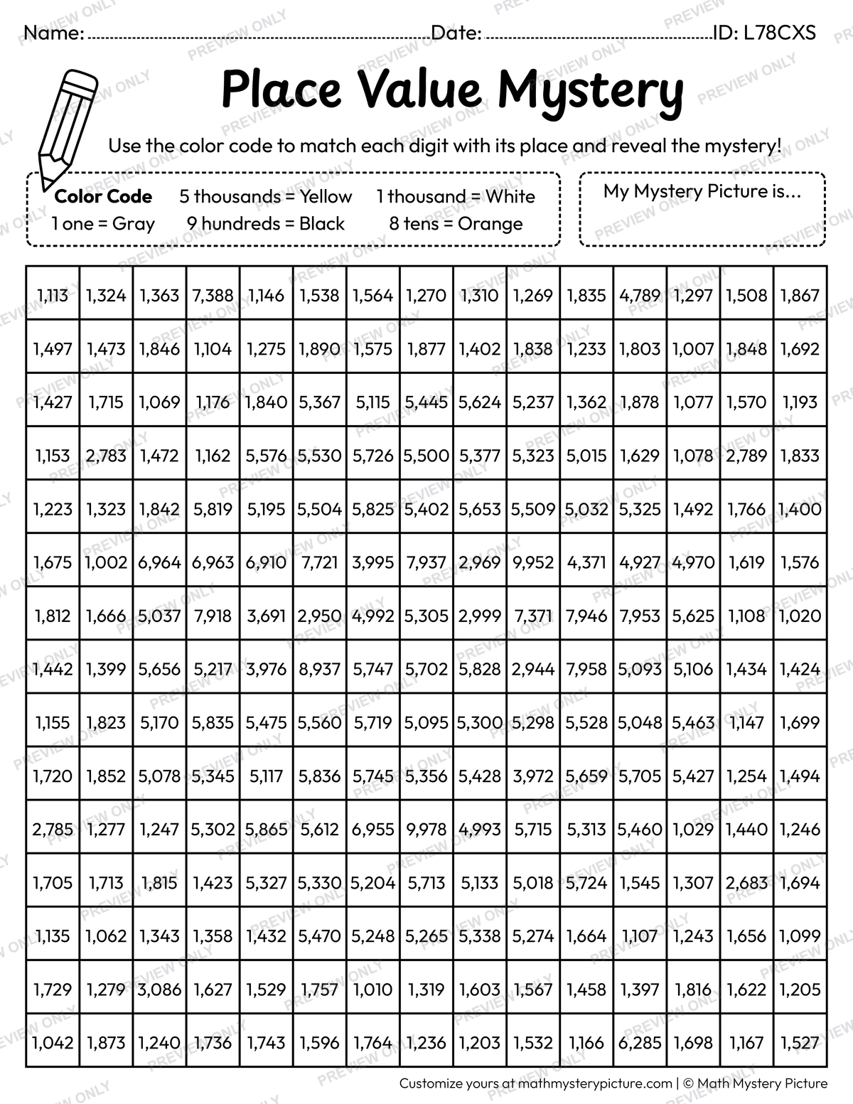 Cool Face 4-digit Place Value Math Mystery Picture Coloring Worksheet
