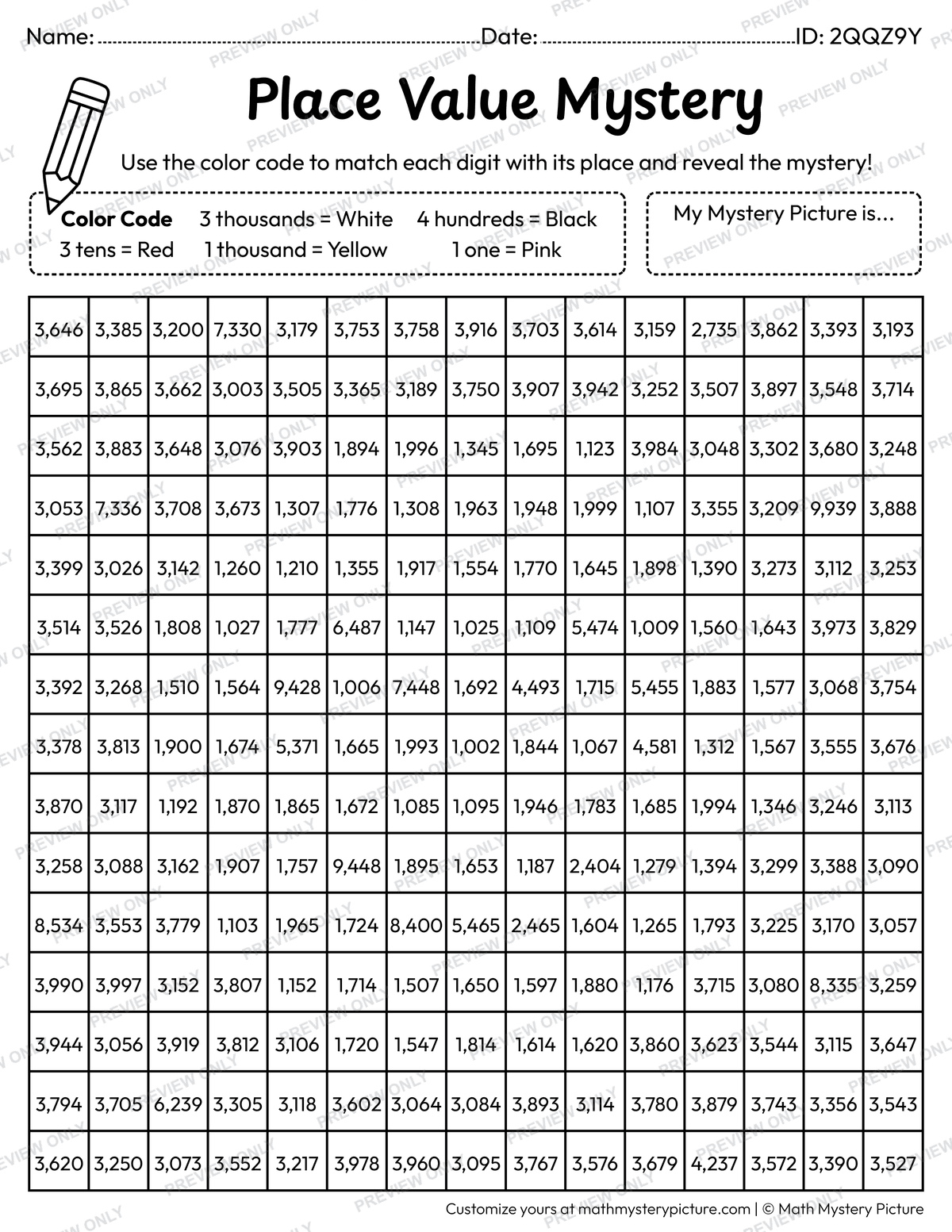 Smiling Face 4-digit Place Value Math Mystery Picture Coloring Worksheet
