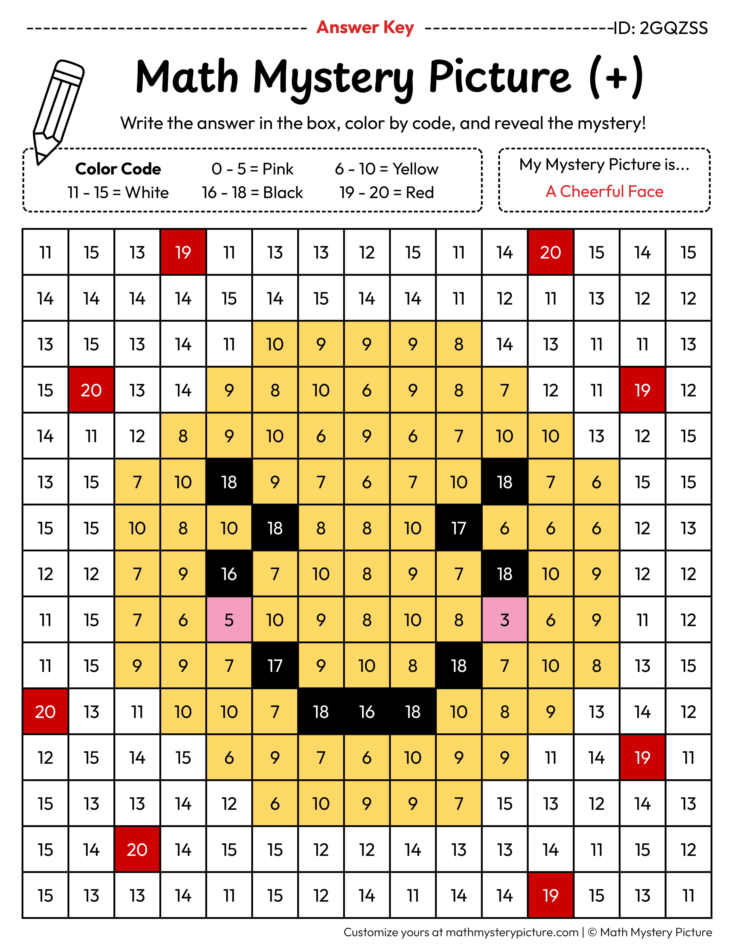Cheerful Face Addition Within 20 Math Mystery Picture Color by Number Answer Key