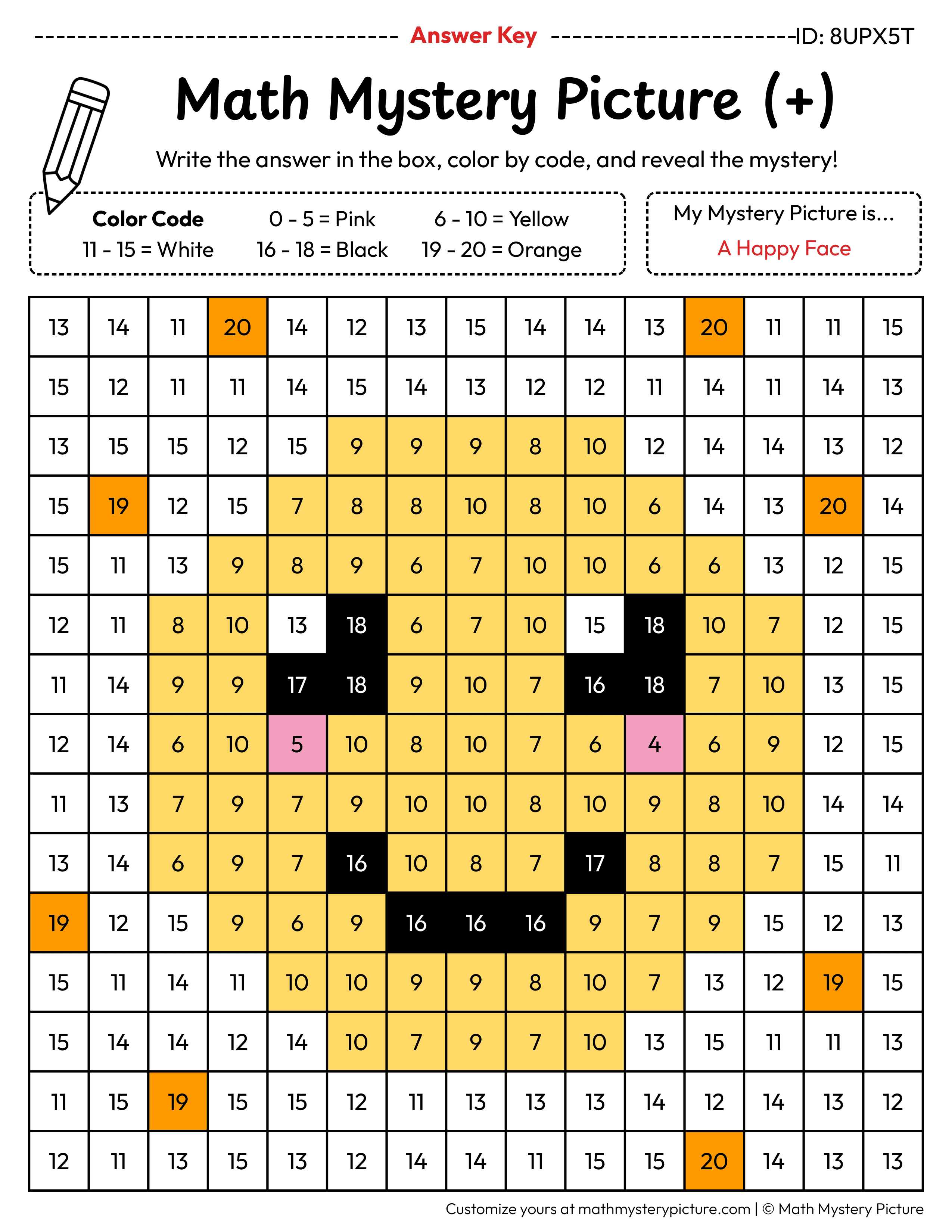 Happy Face Addition Within 20 Math Mystery Picture Color by Number Answer Key