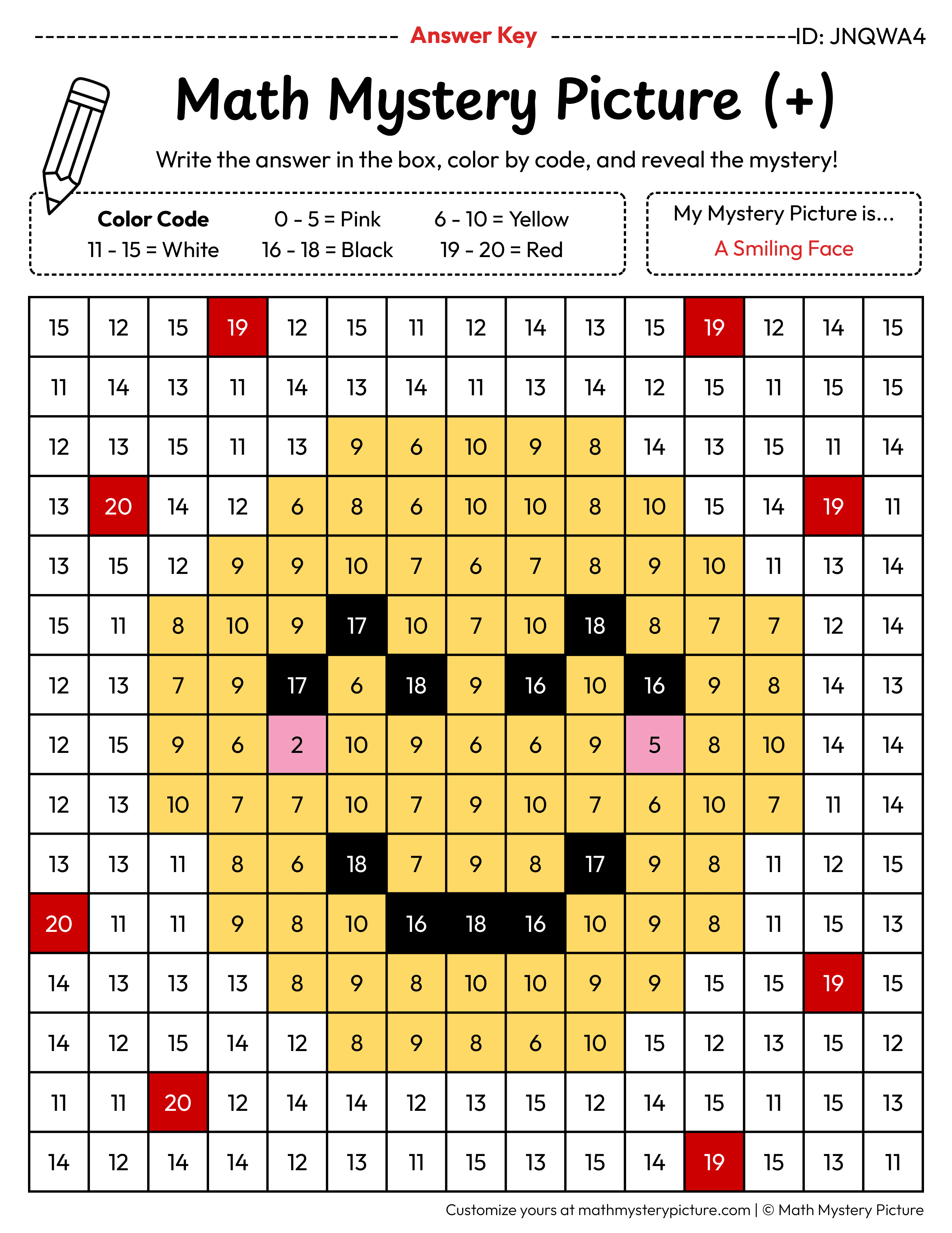 Smiling Face Addition Within 20 Math Mystery Picture Color by Number Answer Key