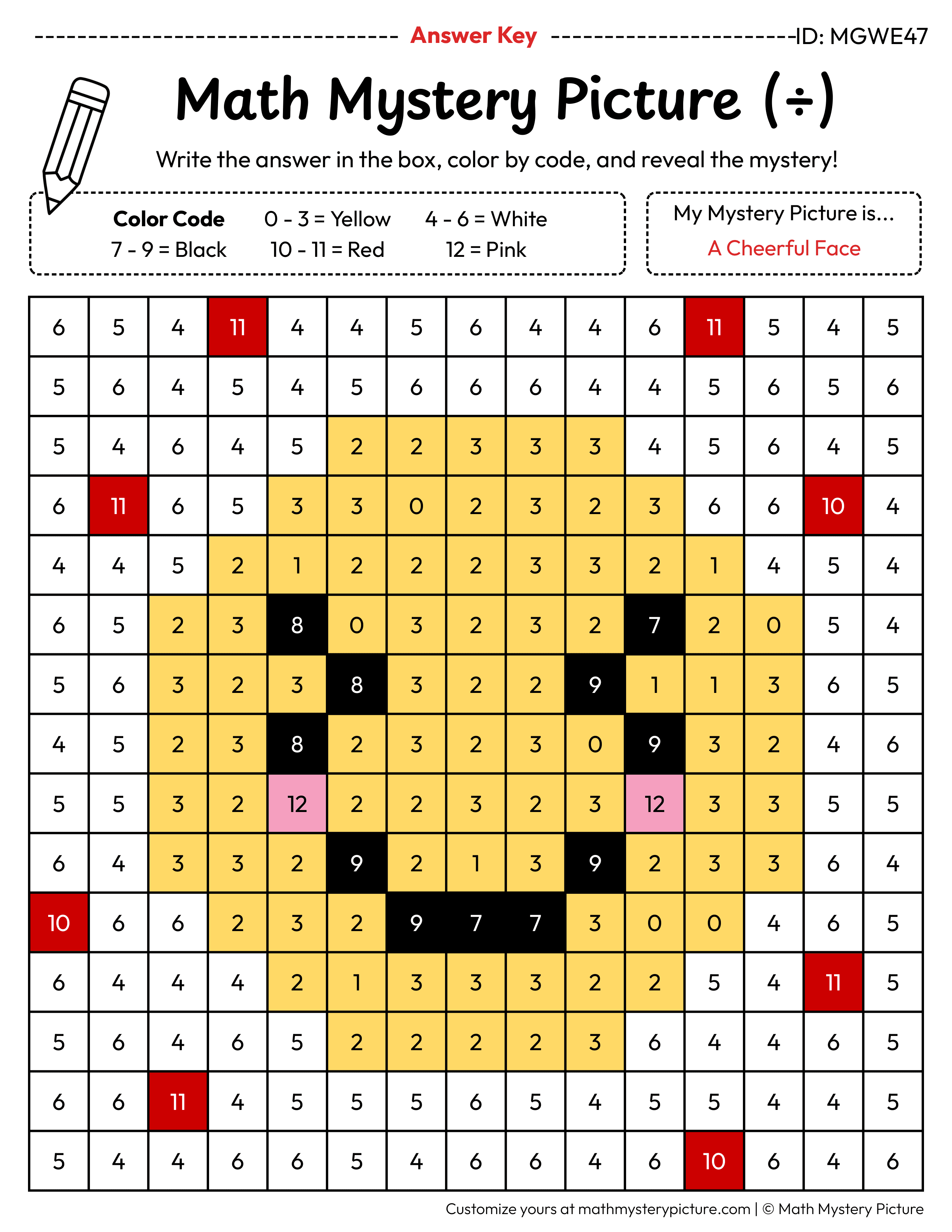 Cheerful Face Division Facts Math Mystery Picture Color by Number Answer Key