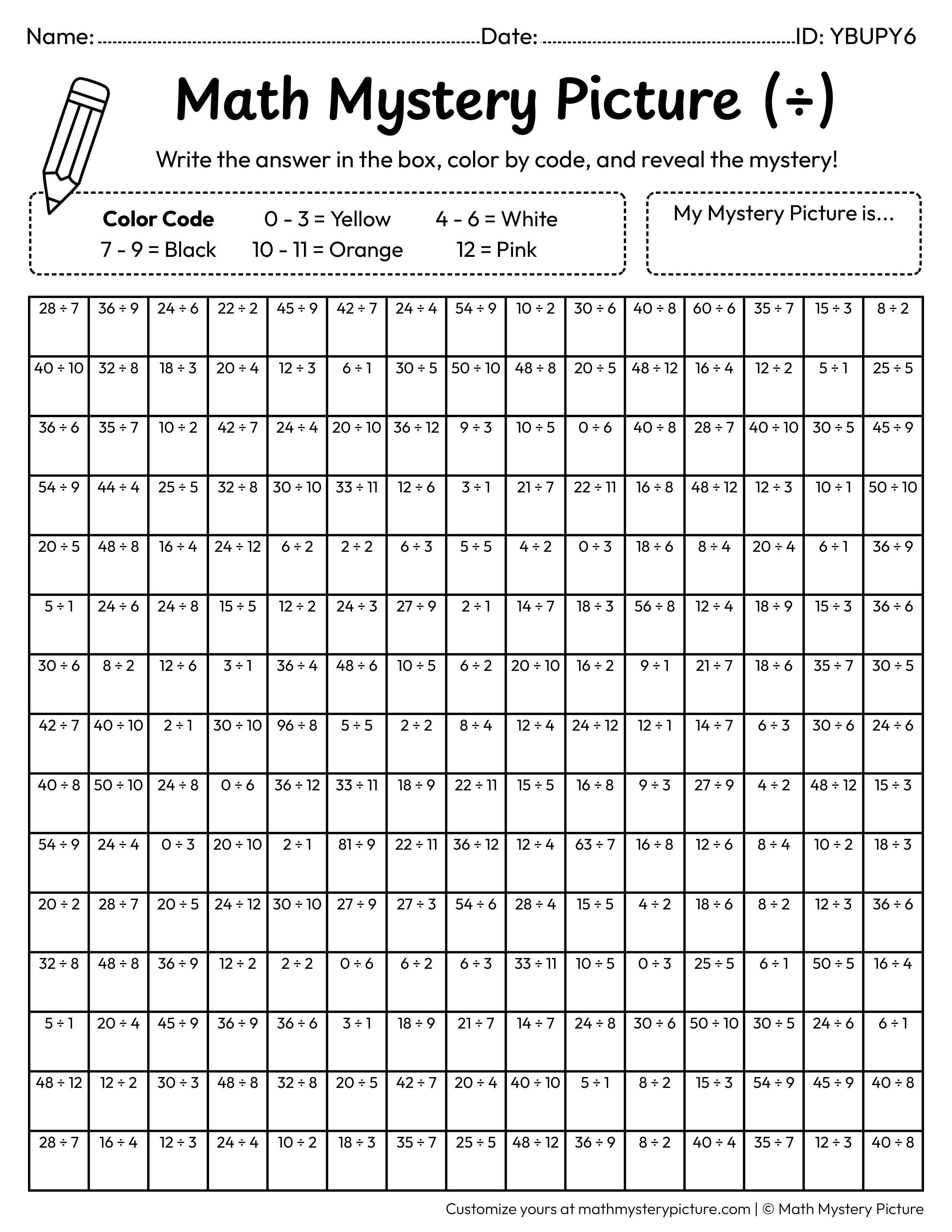 Happy Face Division Facts Math Mystery Picture Coloring Worksheet