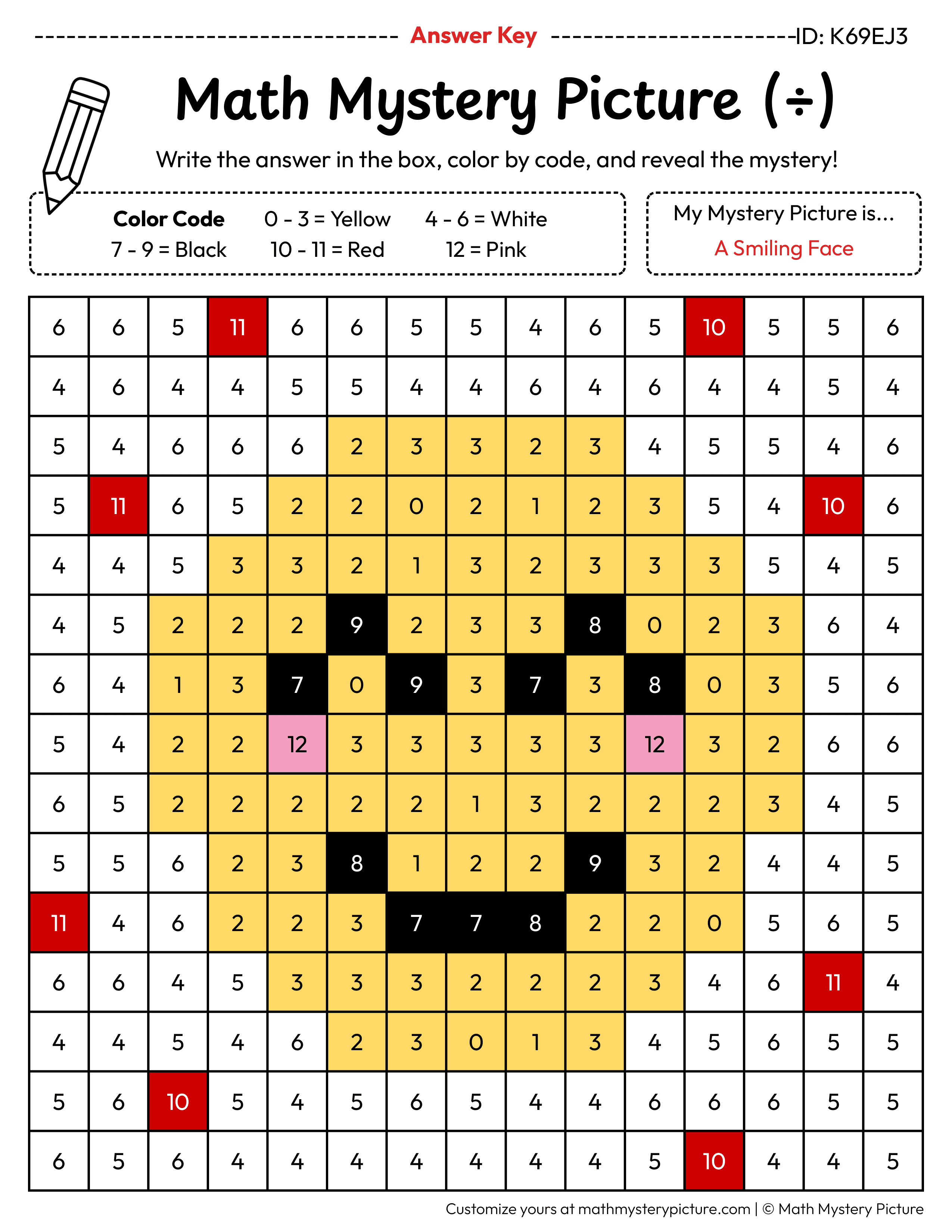 Smiling Face Division Facts Math Mystery Picture Color by Number Answer Key