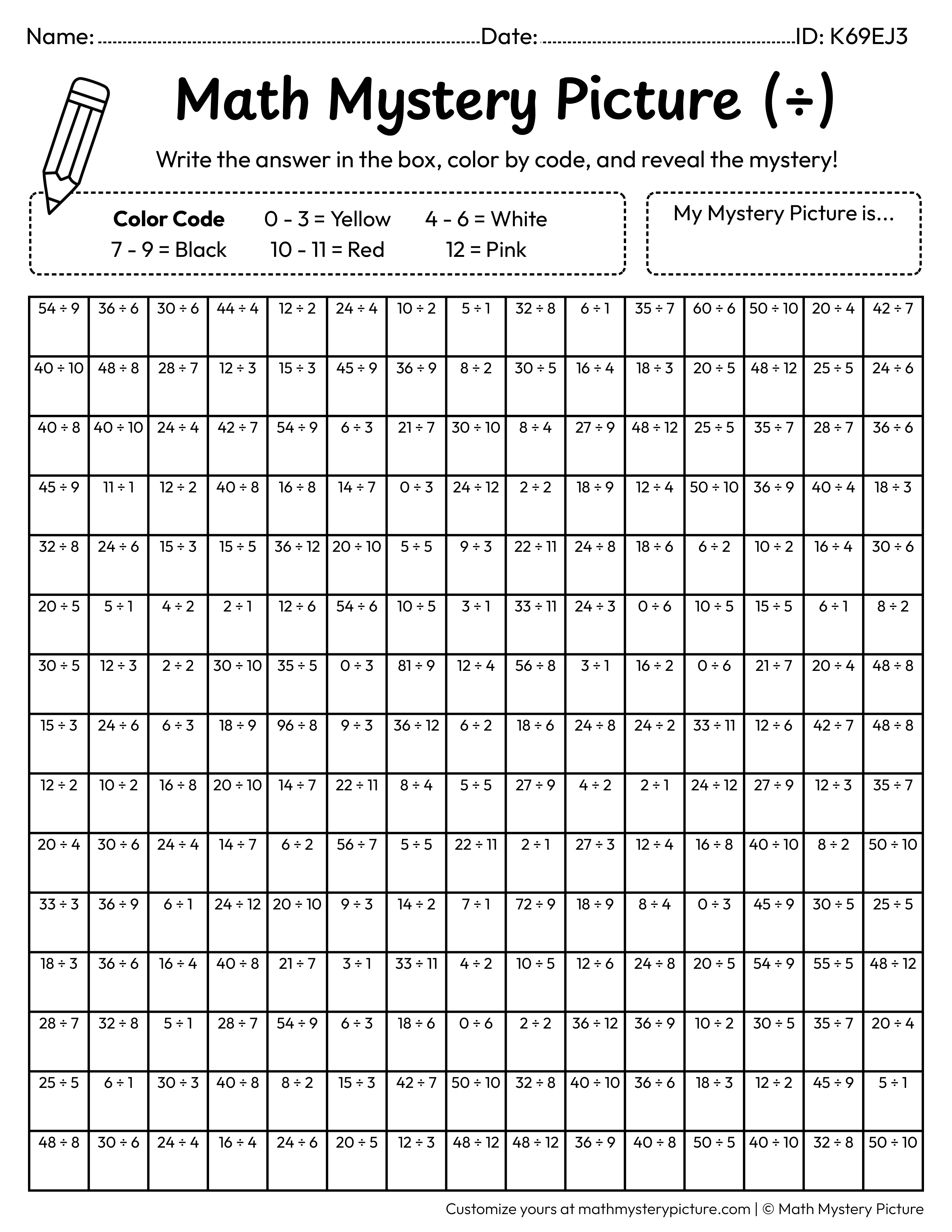 Smiling Face Division Facts Math Mystery Picture Coloring Worksheet