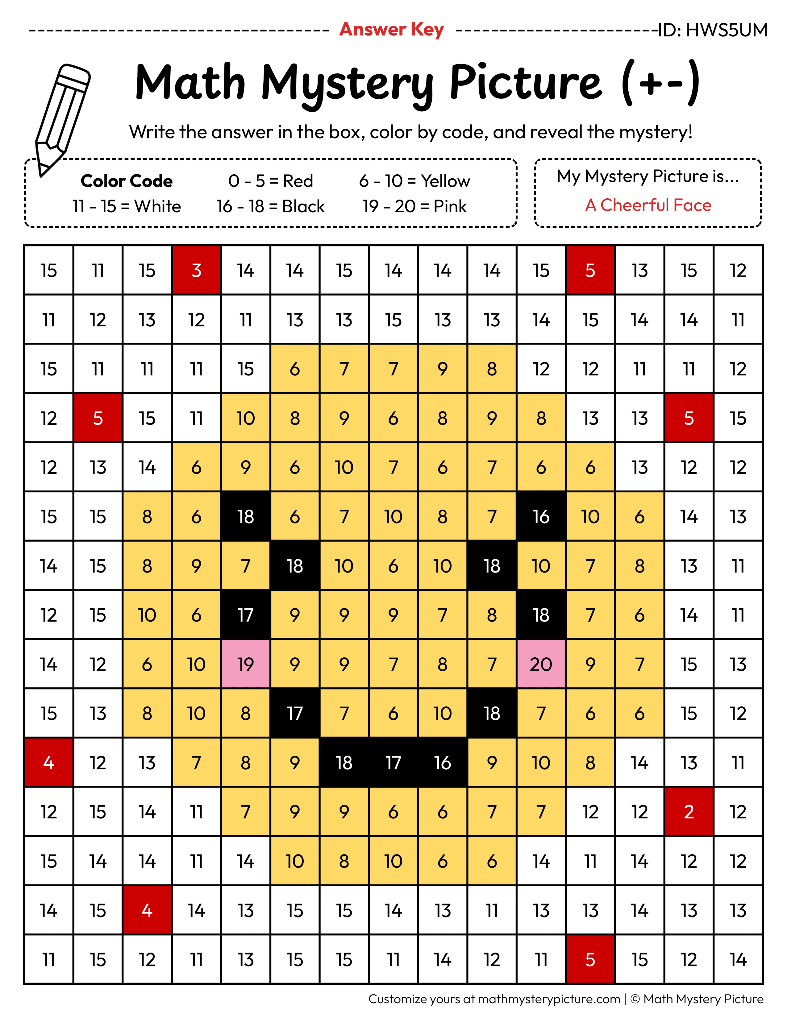 Cheerful Face Mixed Addition and Subtraction Within 20 Math Mystery Picture Color by Number Answer Key