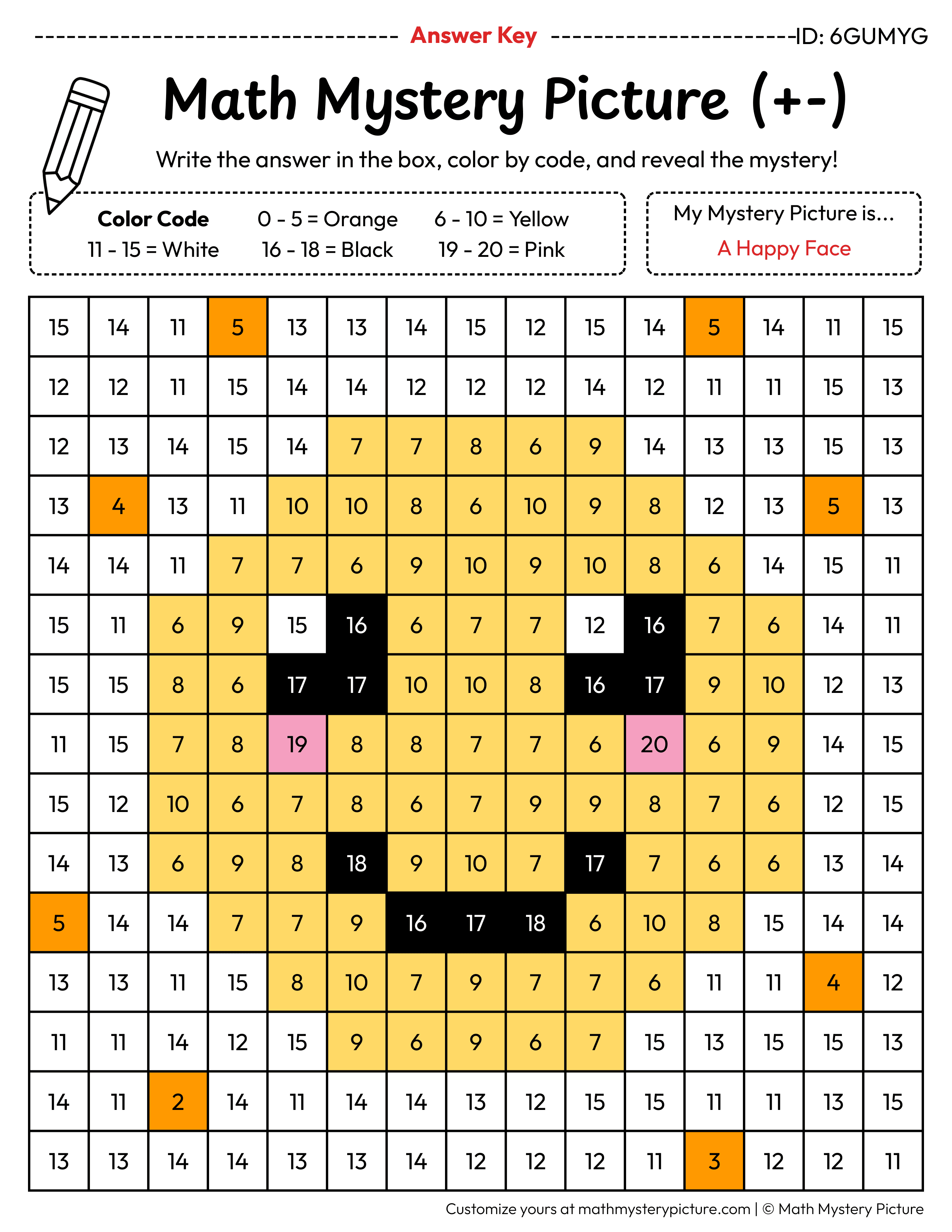 Happy Face Mixed Addition and Subtraction Within 20 Math Mystery Picture Color by Number Answer Key