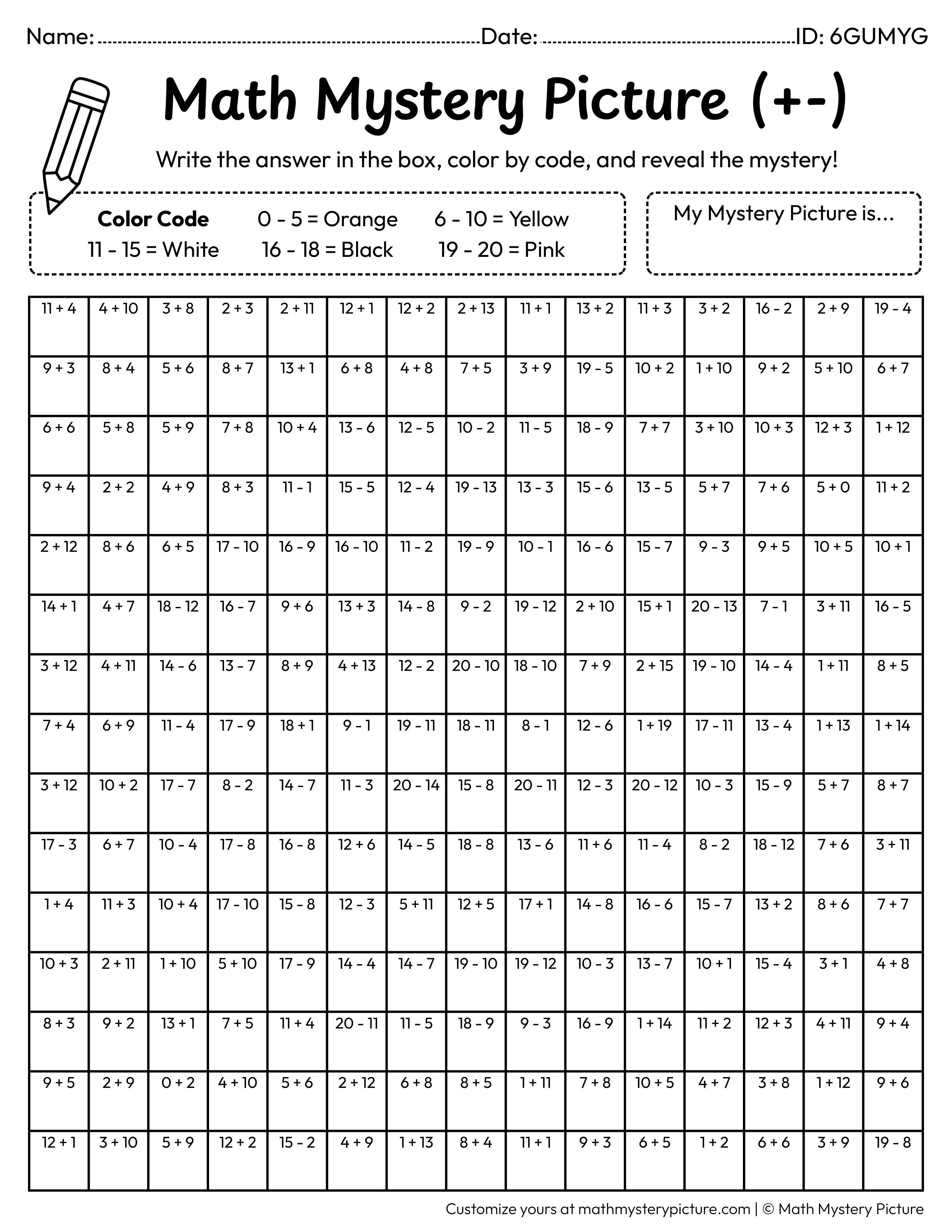 Happy Face Mixed Addition and Subtraction Within 20 Math Mystery Picture Coloring Worksheet