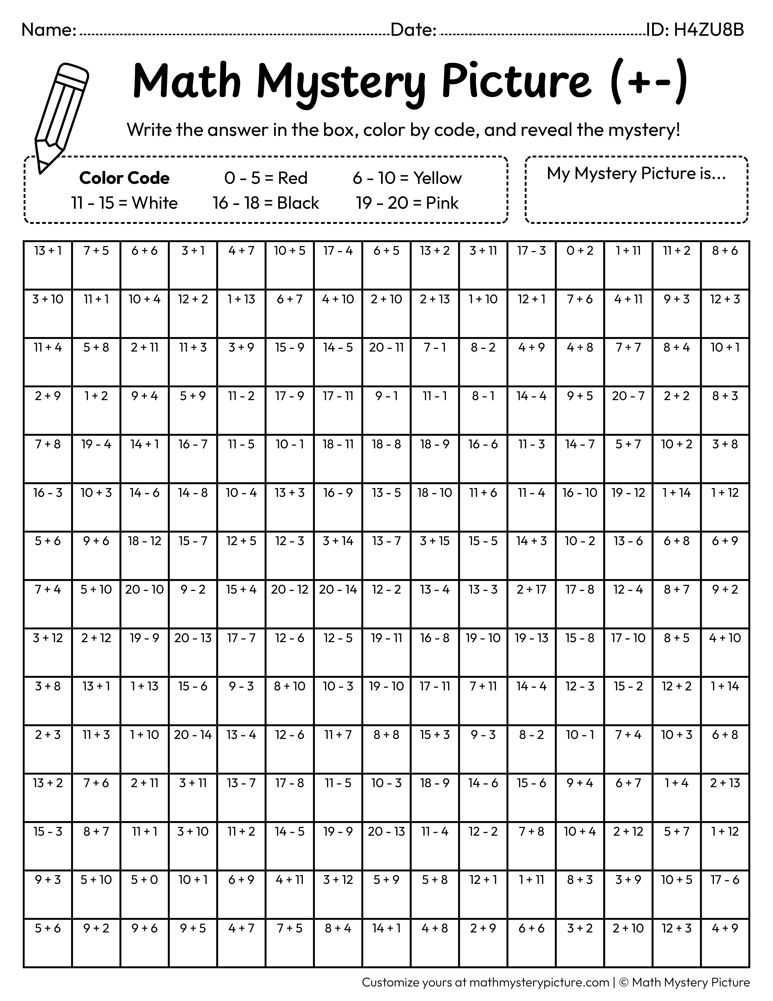 Smiling Face Mixed Addition and Subtraction Within 20 Math Mystery Picture Coloring Worksheet