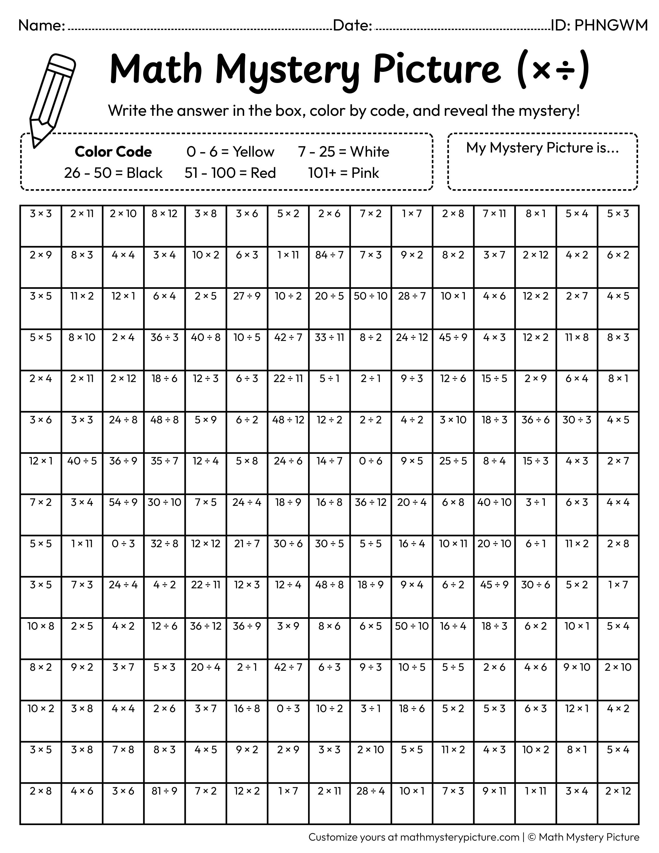 Cheerful Face Mixed Multiplication and Division Facts Math Mystery Picture Coloring Worksheet