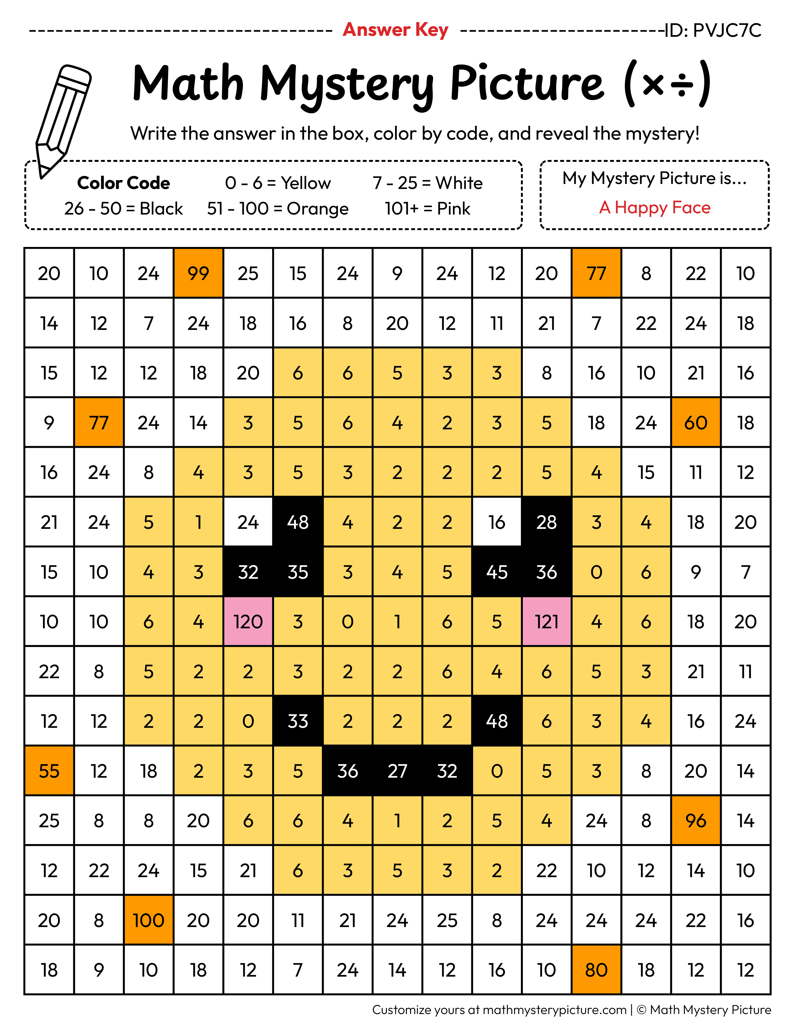 Happy Face Mixed Multiplication and Division Facts Math Mystery Picture Color by Number Answer Key