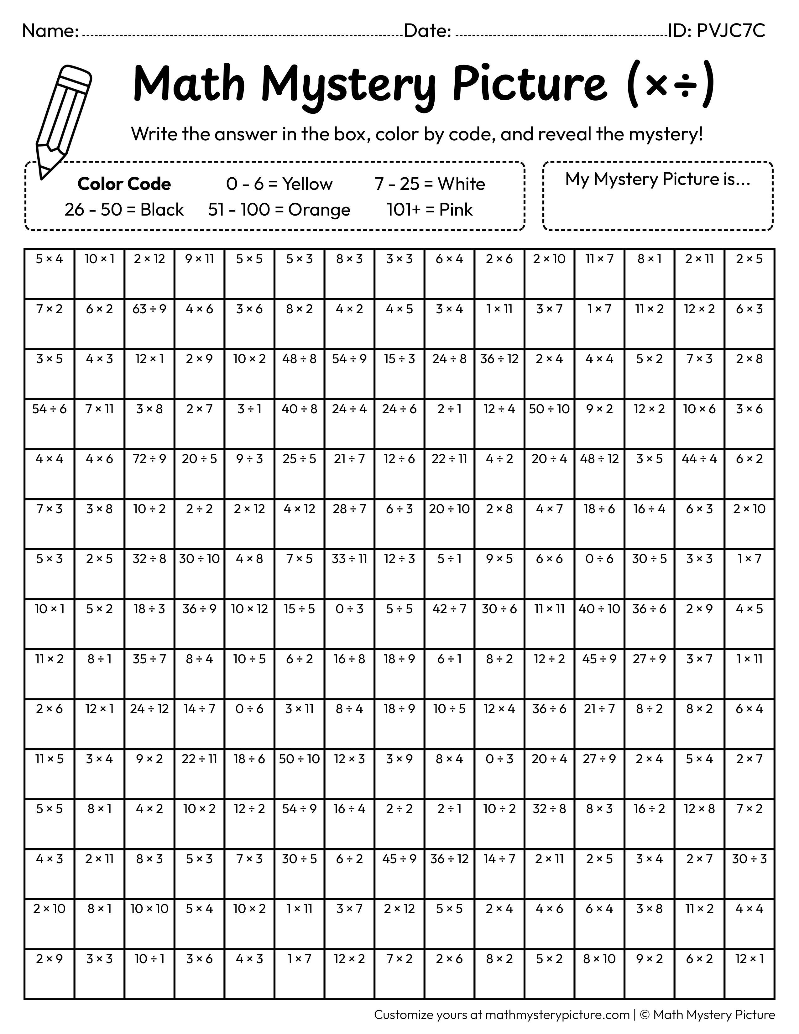 Happy Face Mixed Multiplication and Division Facts Math Mystery Picture Coloring Worksheet