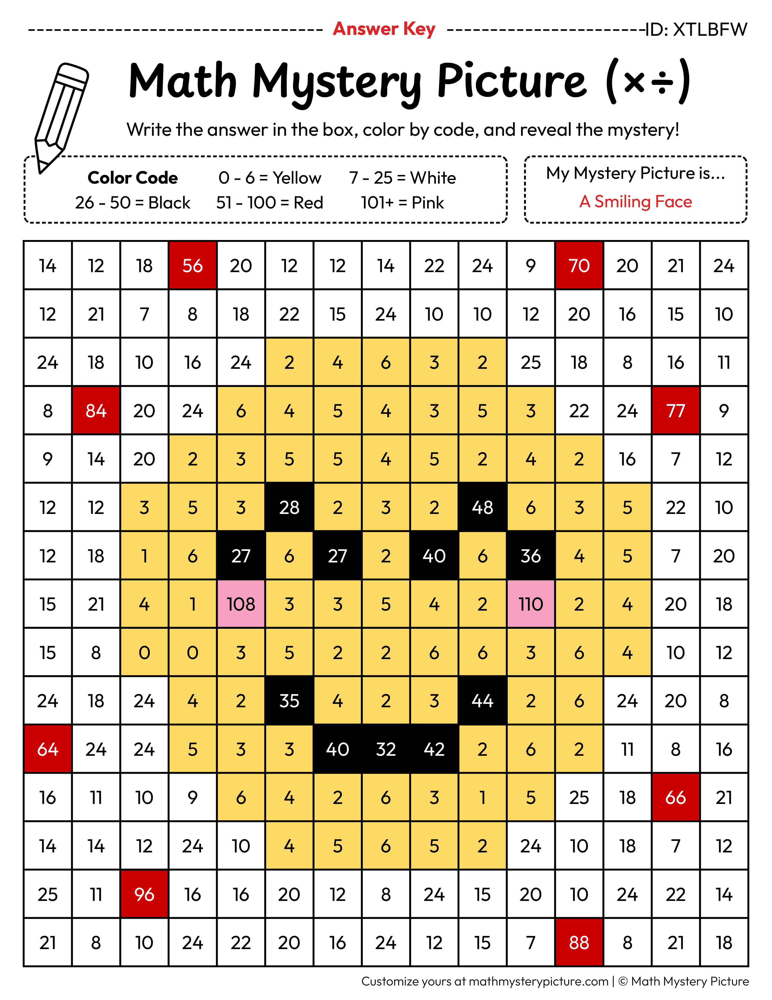 Smiling Face Mixed Multiplication and Division Facts Math Mystery Picture Color by Number Answer Key