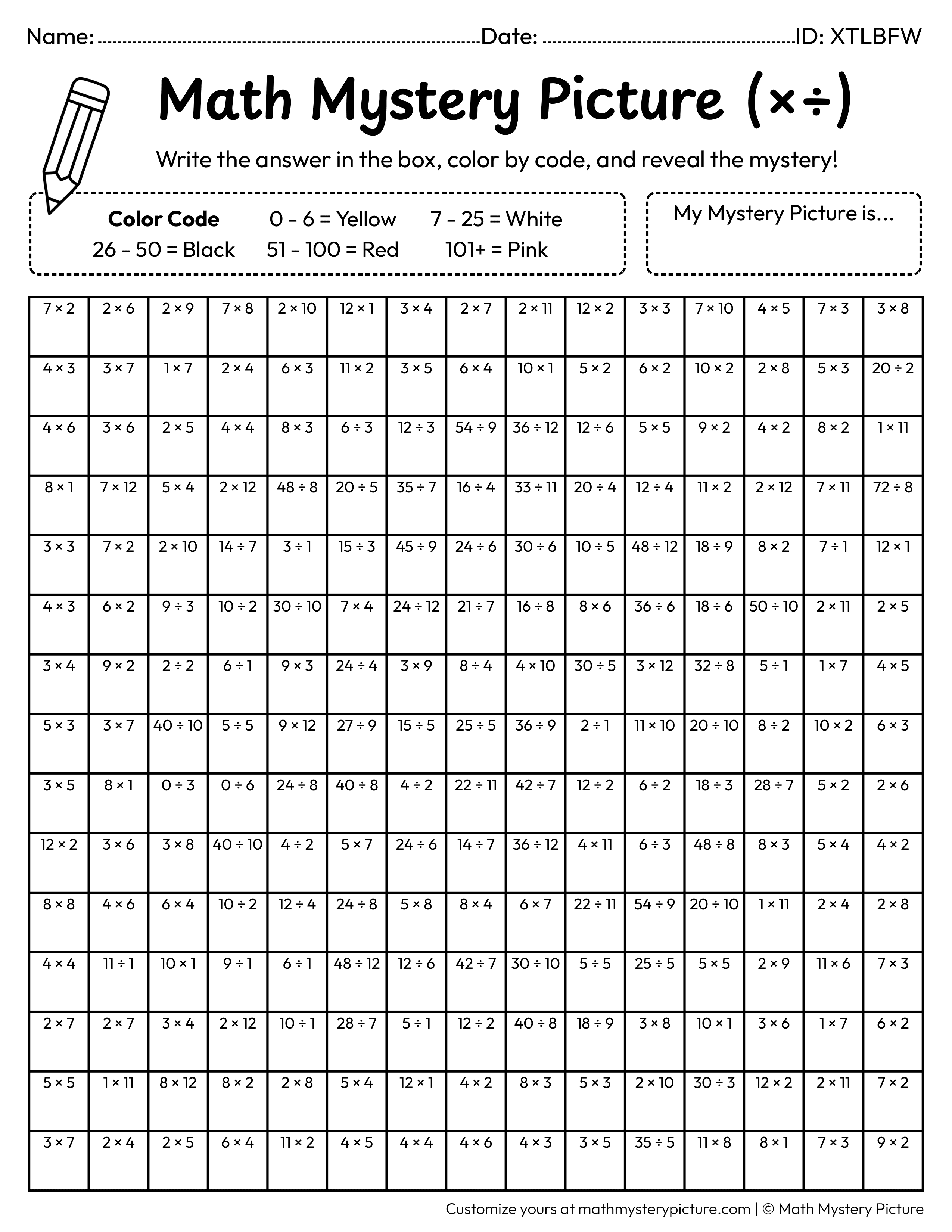 Smiling Face Mixed Multiplication and Division Facts Math Mystery Picture Coloring Worksheet