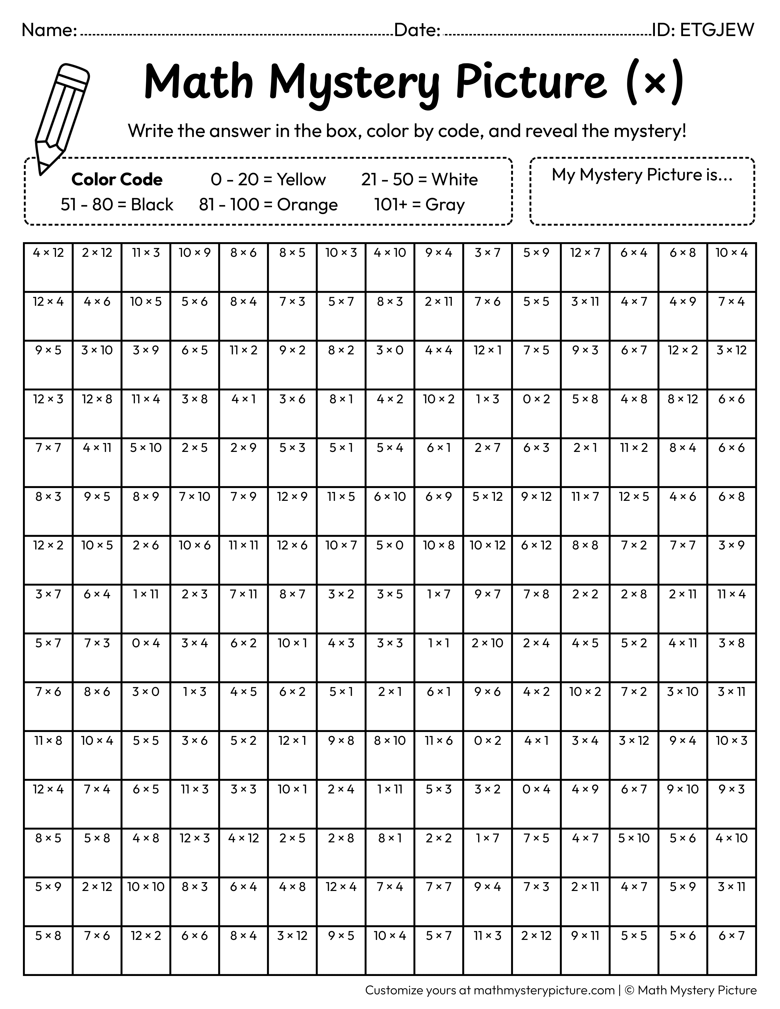 Cool Face Multiplication Facts Math Mystery Picture Coloring Worksheet
