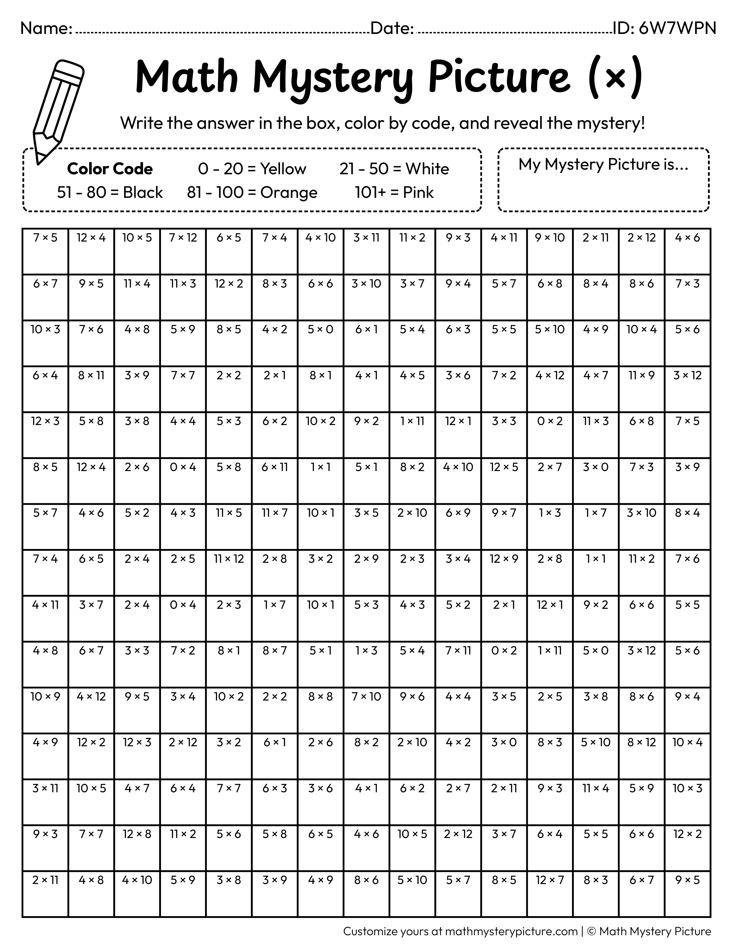 Happy Face Multiplication Facts Math Mystery Picture Coloring Worksheet