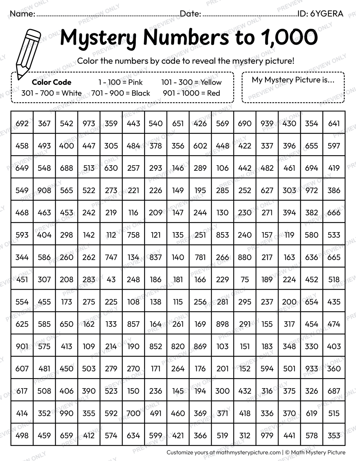 Smiling Face Numbers to 1,000 Math Mystery Picture Coloring Worksheet