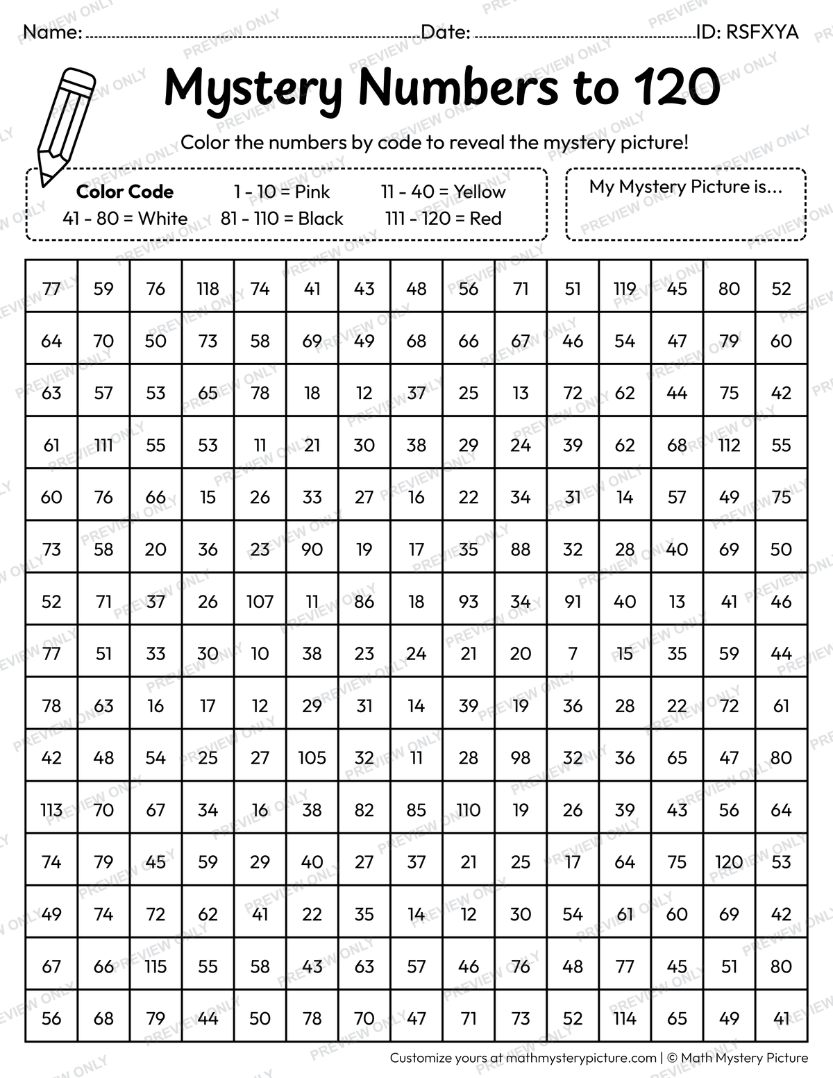 Smiling Face Numbers to 120 Math Mystery Picture Coloring Worksheet