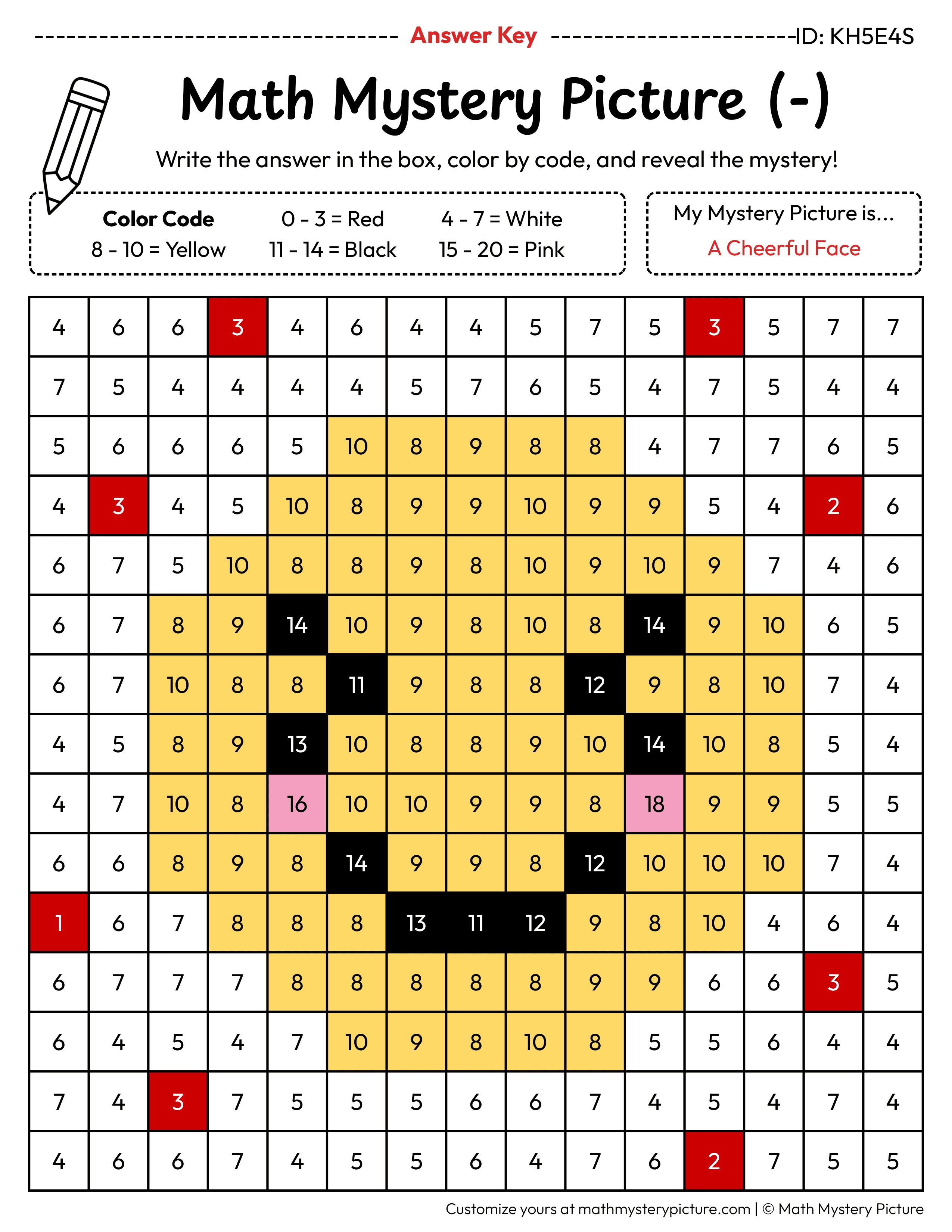Cheerful Face Subtraction Within 20 Math Mystery Picture Color by Number Answer Key