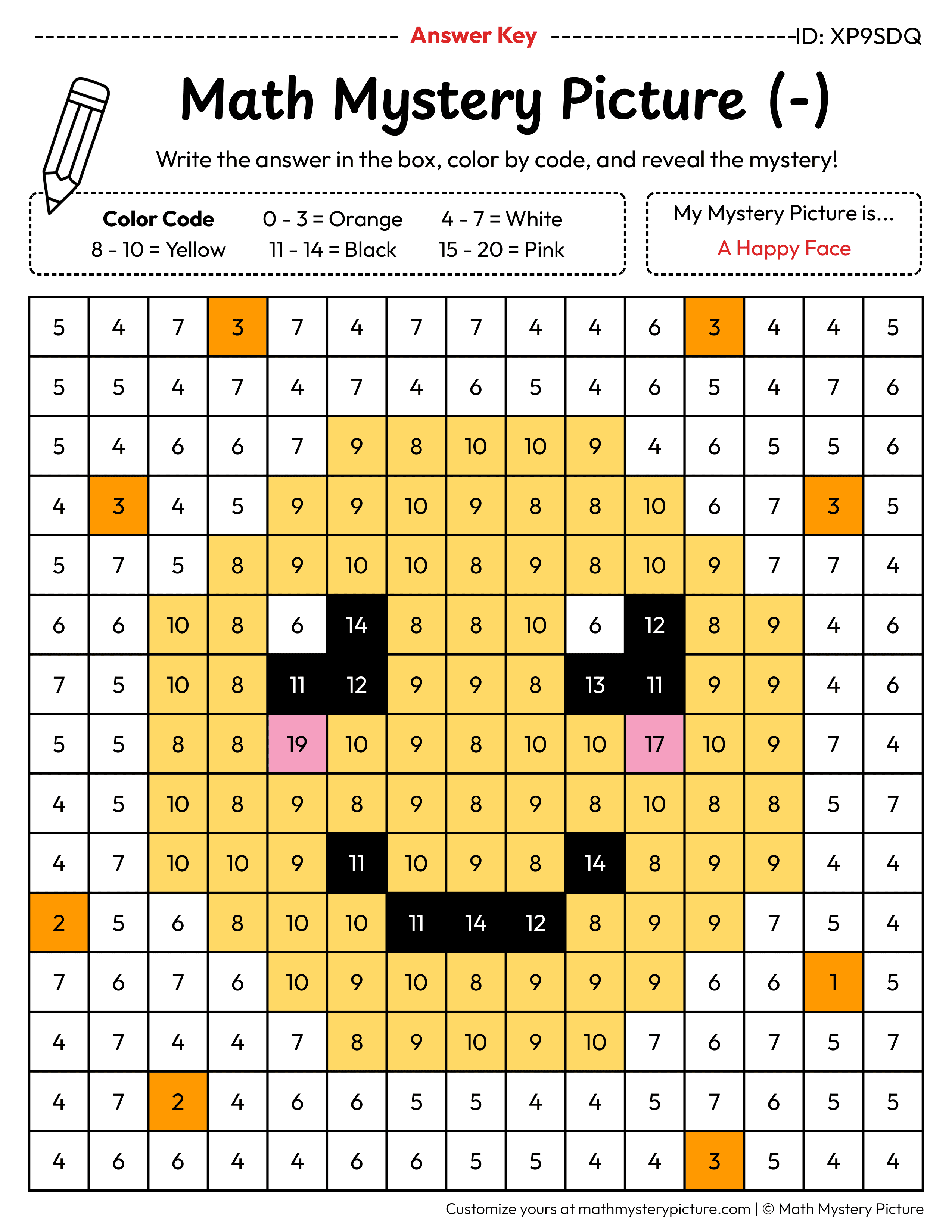 Happy Face Subtraction Within 20 Math Mystery Picture Color by Number Answer Key