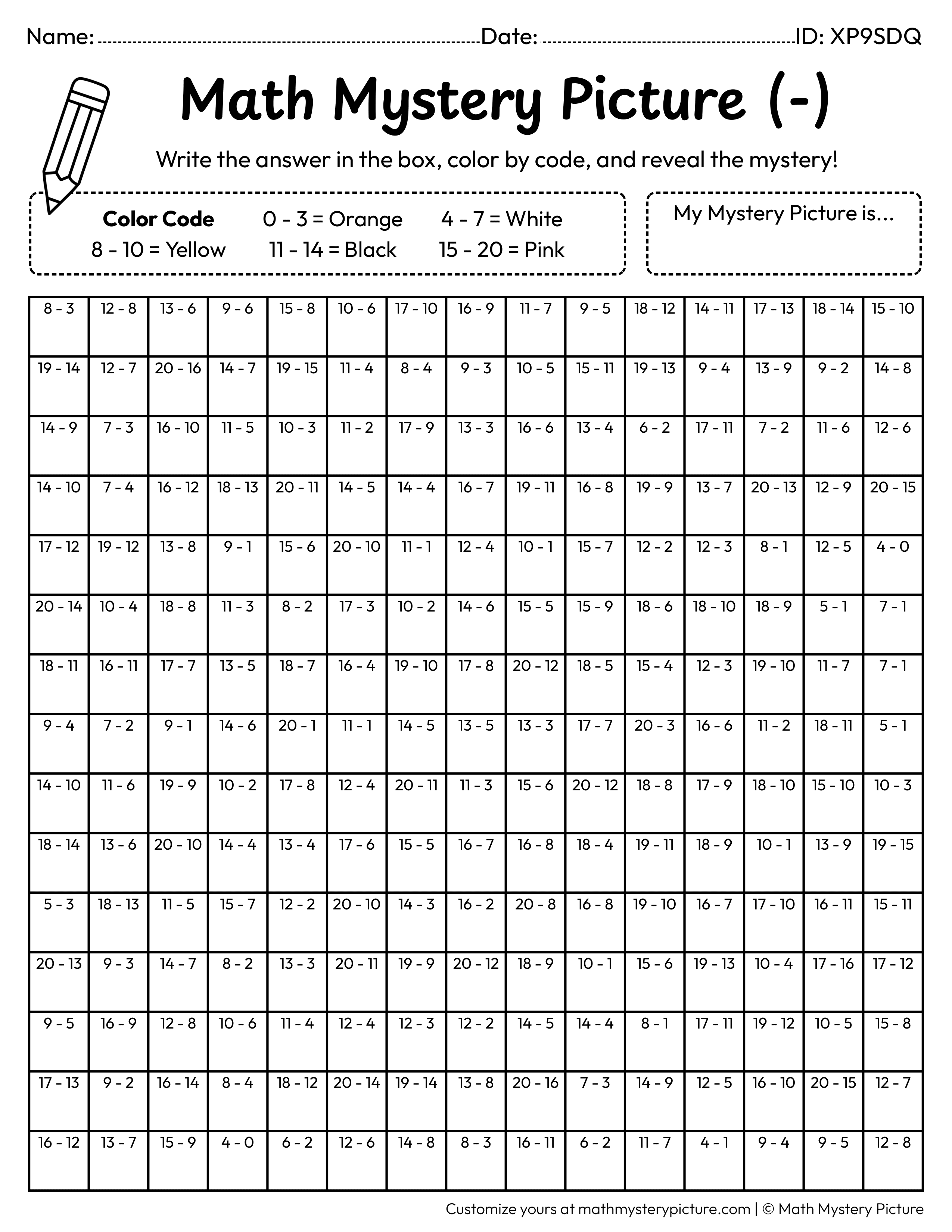 Happy Face Subtraction Within 20 Math Mystery Picture Coloring Worksheet