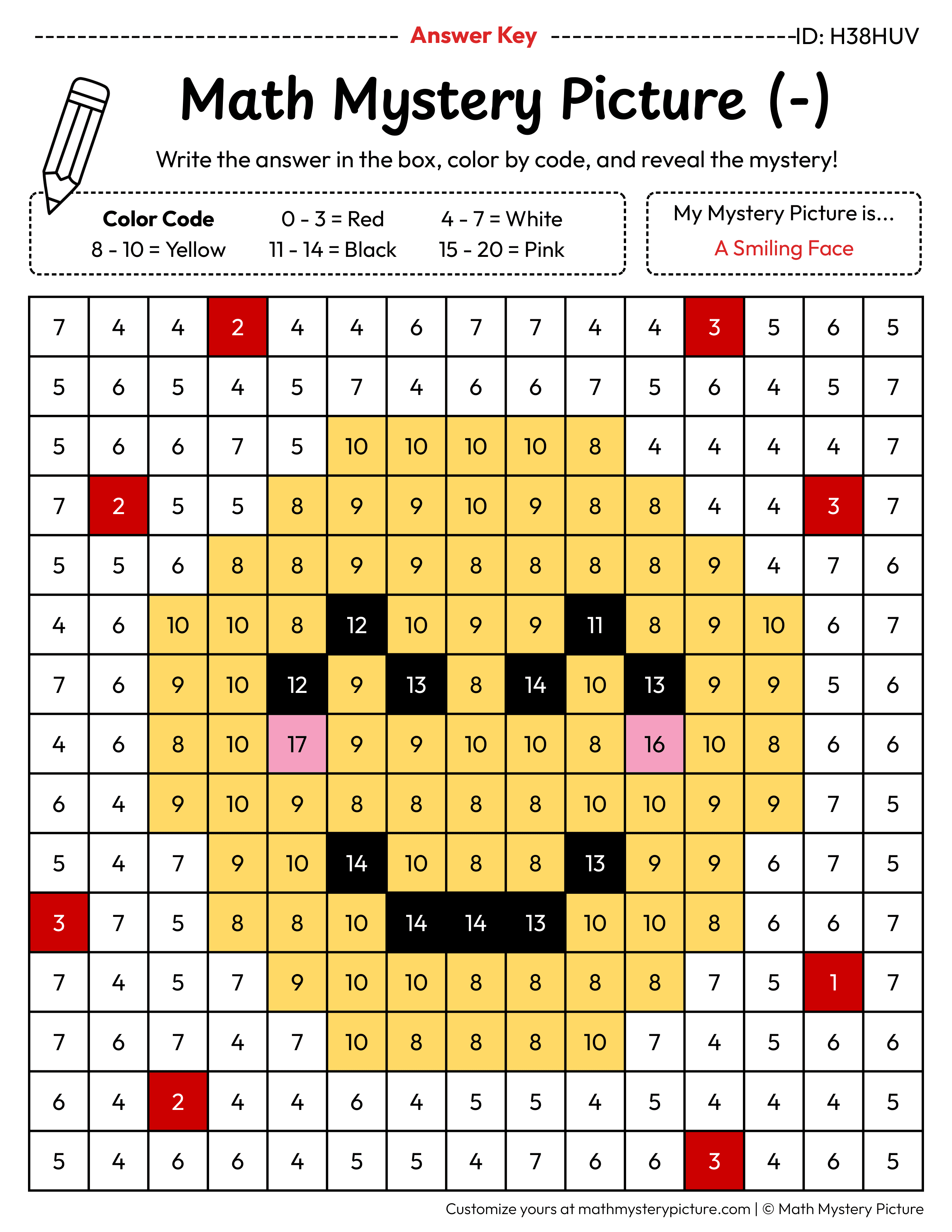 Smiling Face Subtraction Within 20 Math Mystery Picture Color by Number Answer Key