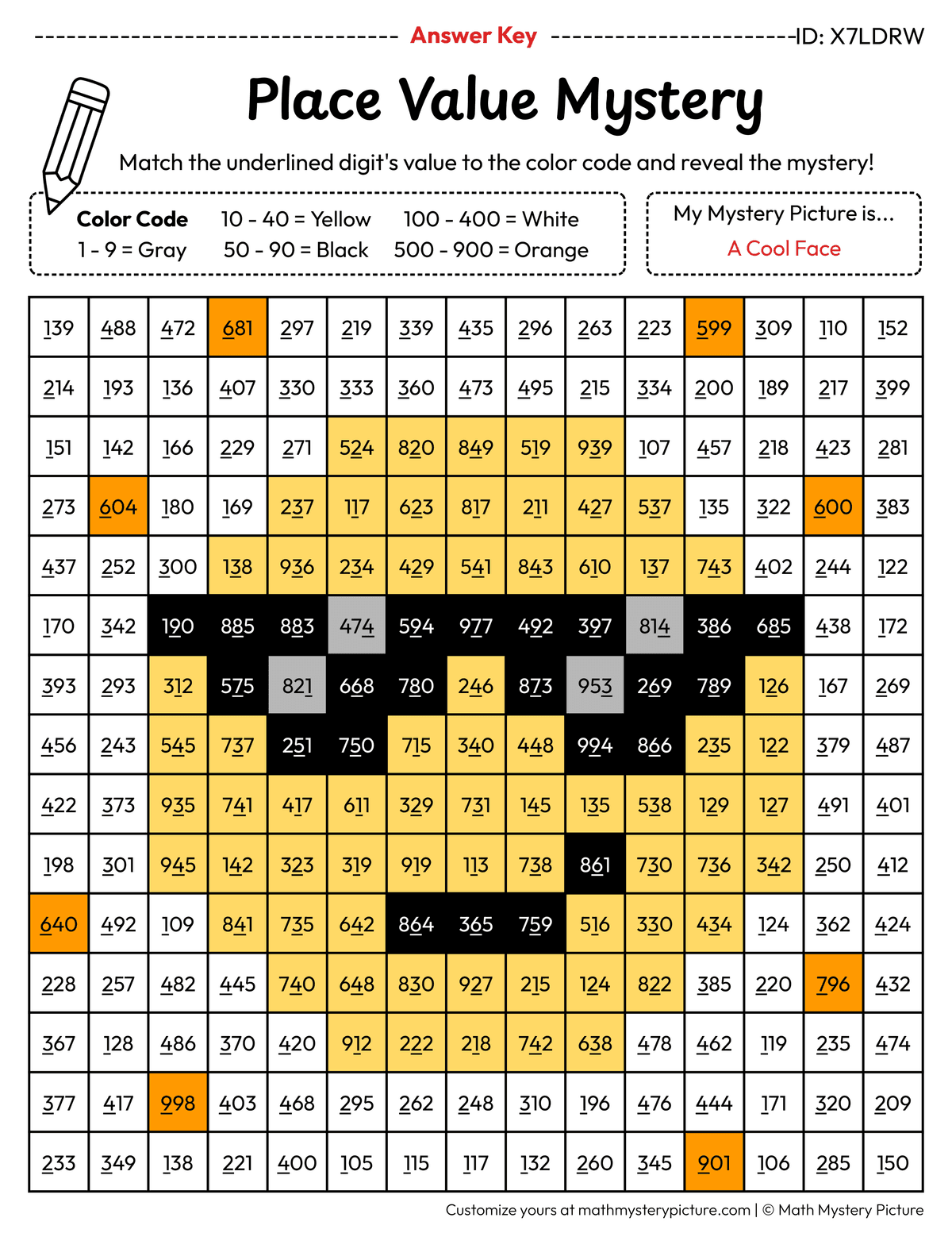 Cool Face Value of Underlined Digit Math Mystery Picture Color by Number Answer Key