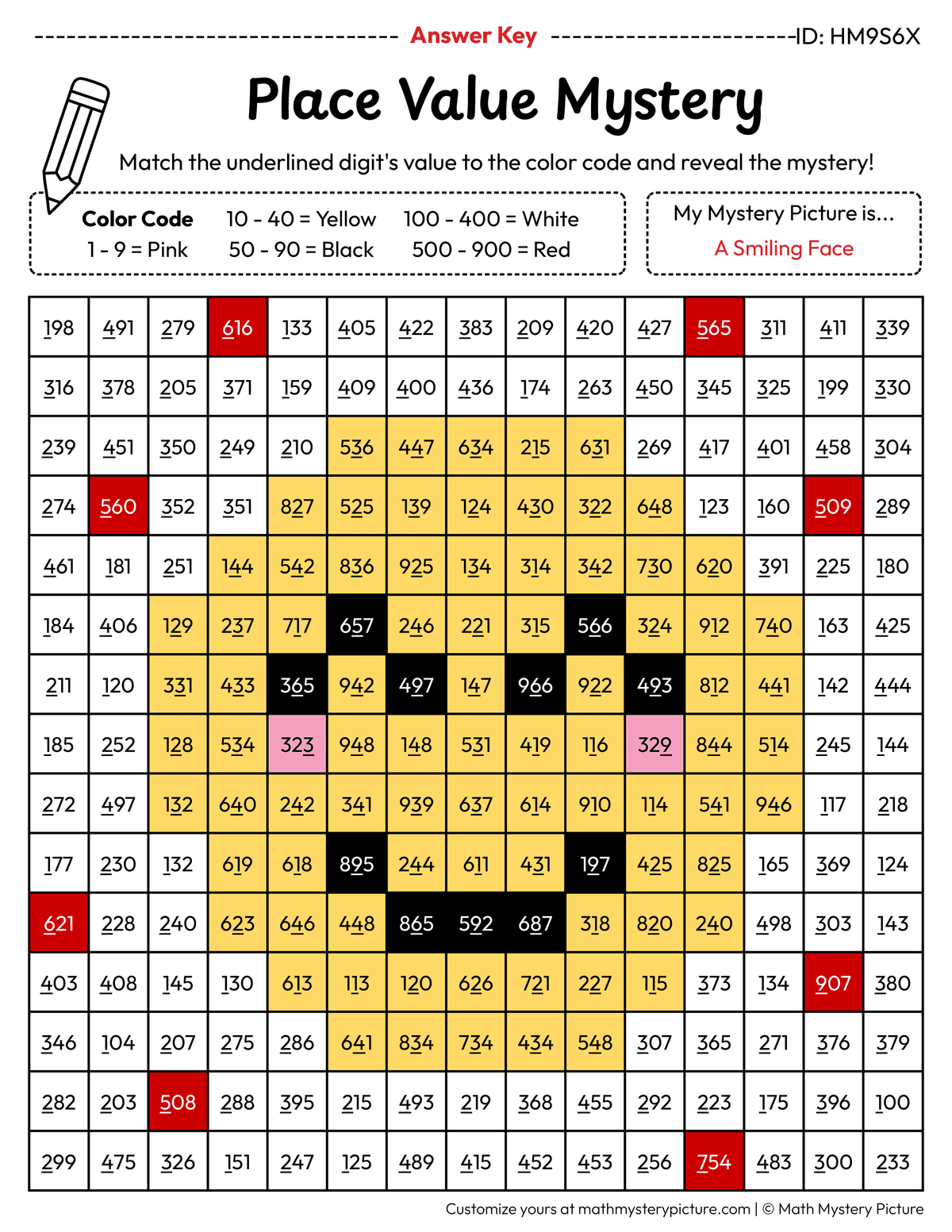 Smiling Face Value of Underlined Digit Math Mystery Picture Color by Number Answer Key