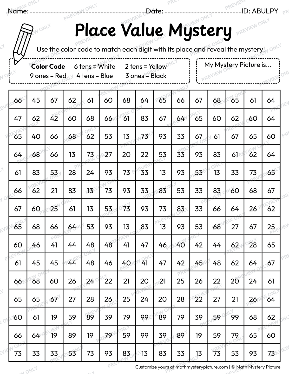End of the Year Graduation Cap 2-digit Place Value Math Mystery Picture Coloring Worksheet