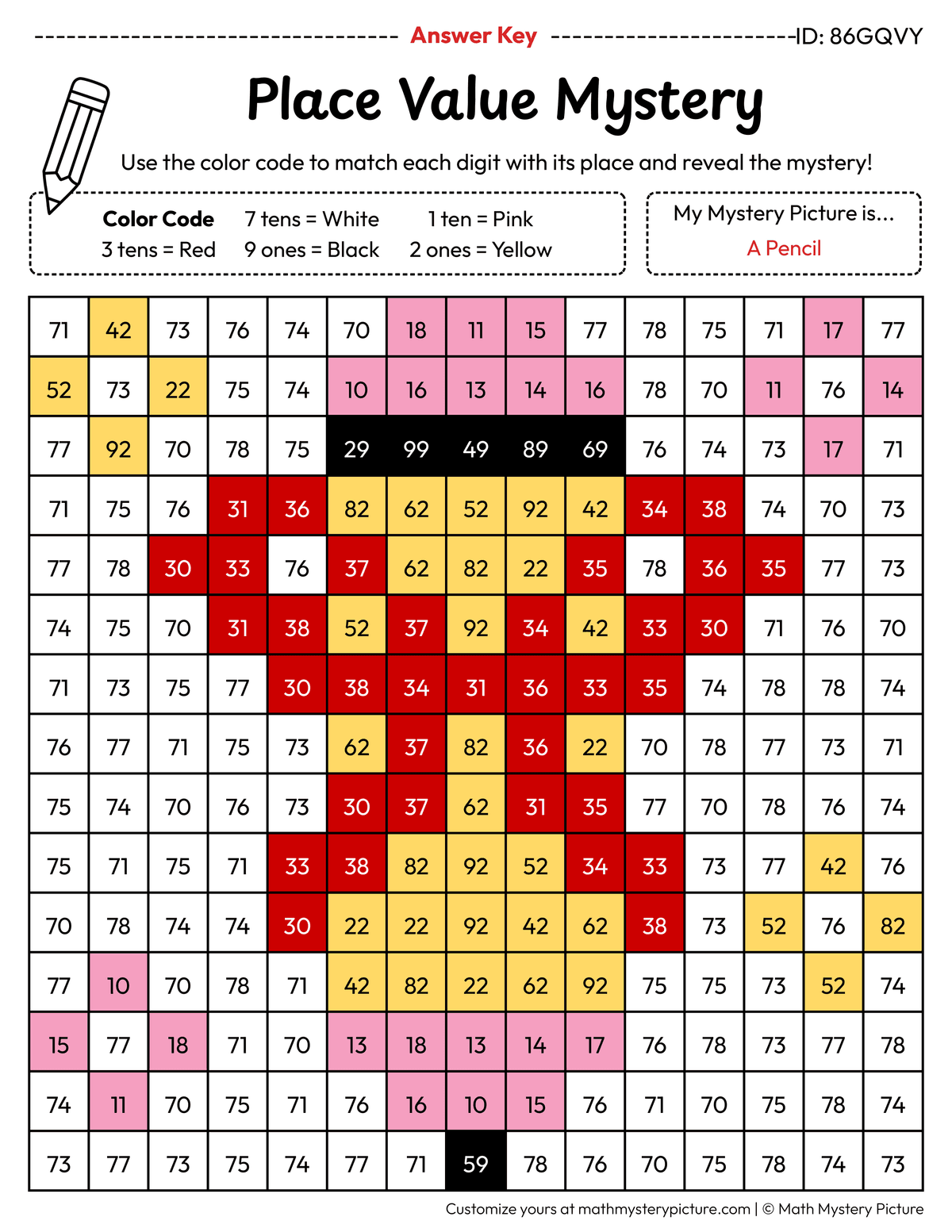End of the Year Pencil 2-digit Place Value Math Mystery Picture Color by Number Answer Key