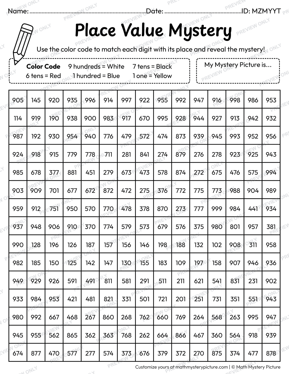 End of the Year Graduation Cap 3-digit Place Value Math Mystery Picture Coloring Worksheet