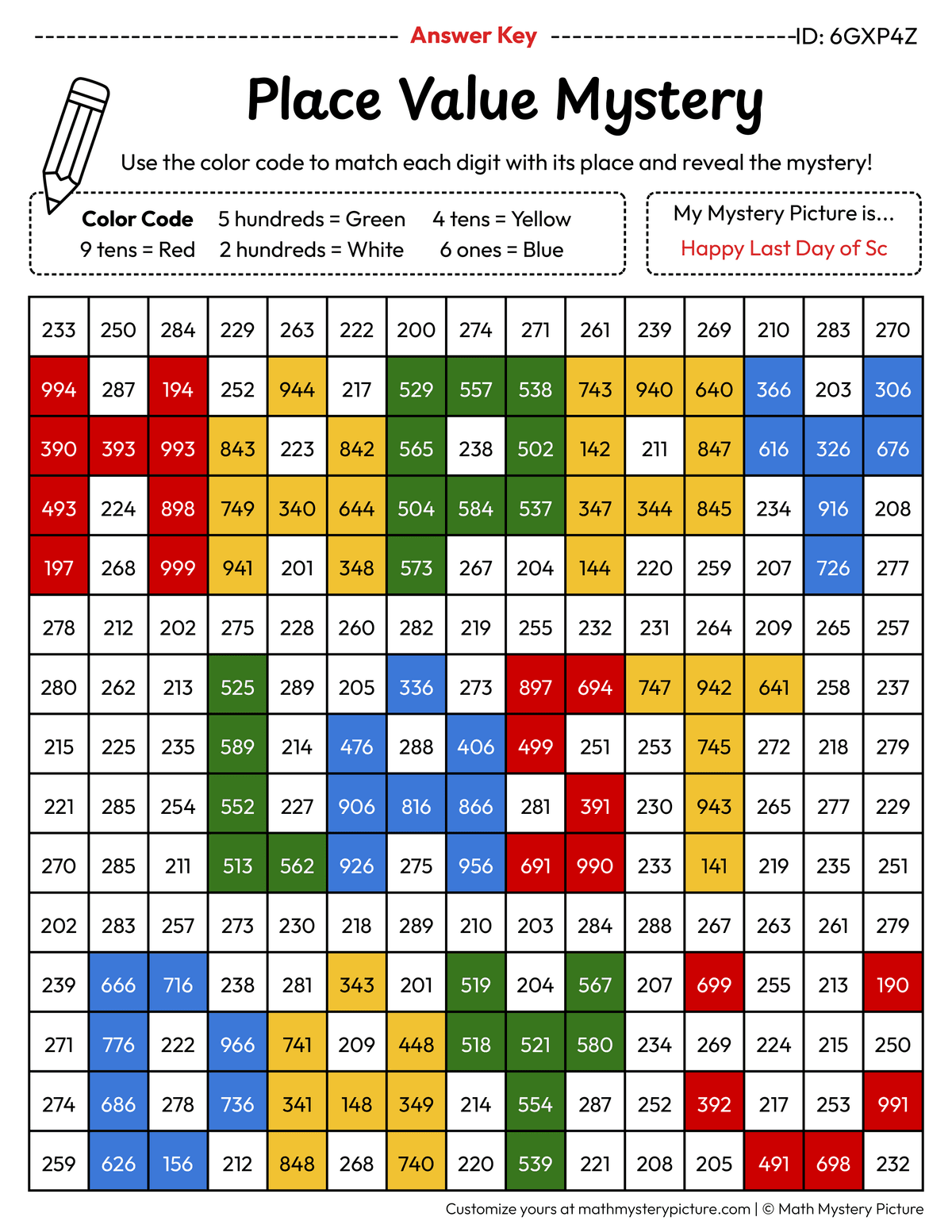 End of the Year Happy Last Day of School 3-digit Place Value Math Mystery Picture Color by Number Answer Key