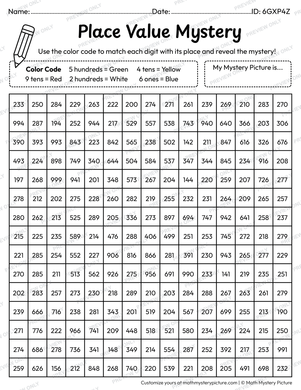 End of the Year Happy Last Day of School 3-digit Place Value Math Mystery Picture Coloring Worksheet
