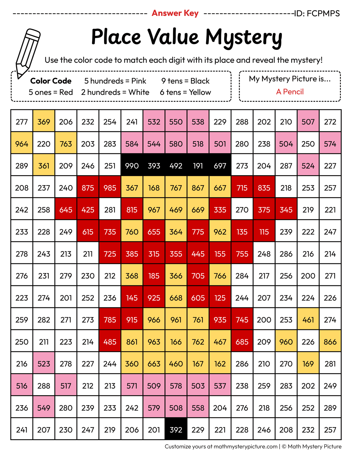 End of the Year Pencil 3-digit Place Value Math Mystery Picture Color by Number Answer Key