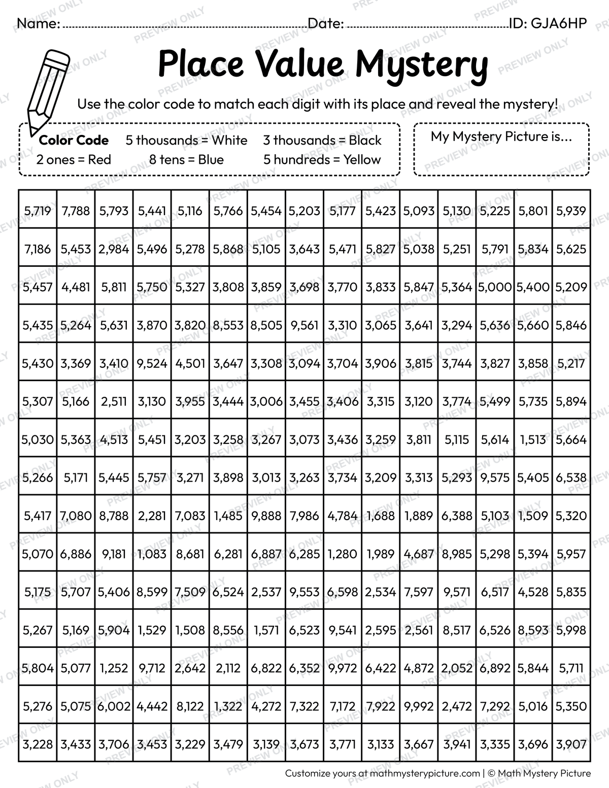 End of the Year Graduation Cap 4-digit Place Value Math Mystery Picture Coloring Worksheet