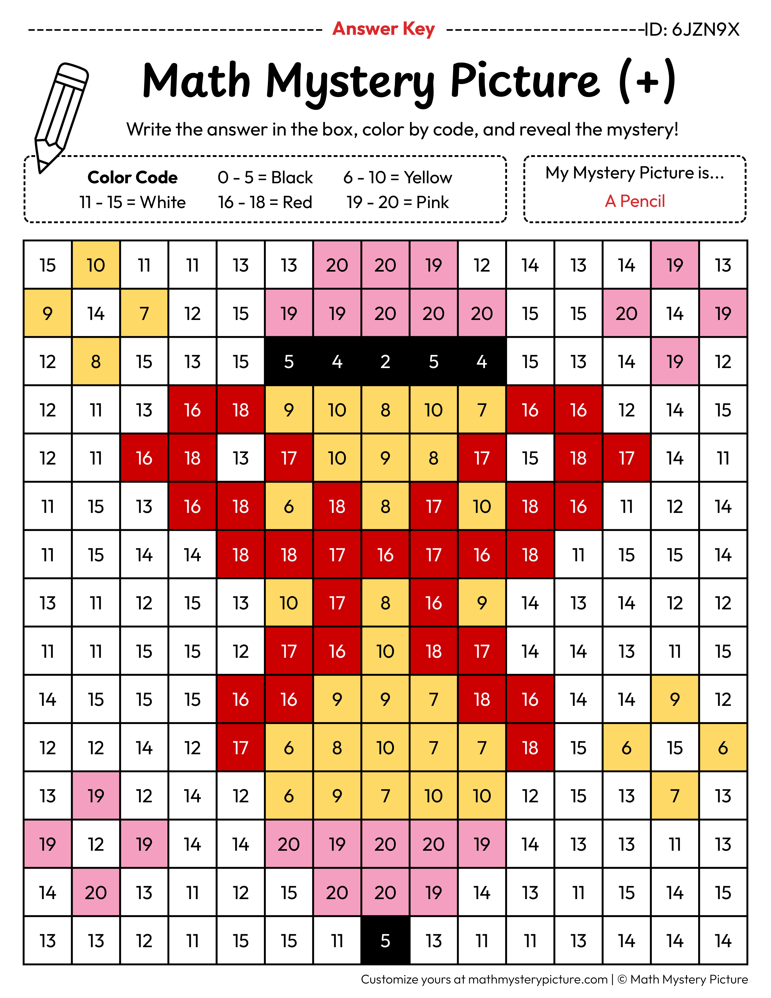 End of the Year Pencil Addition Within 20 Math Mystery Picture Color by Number Answer Key