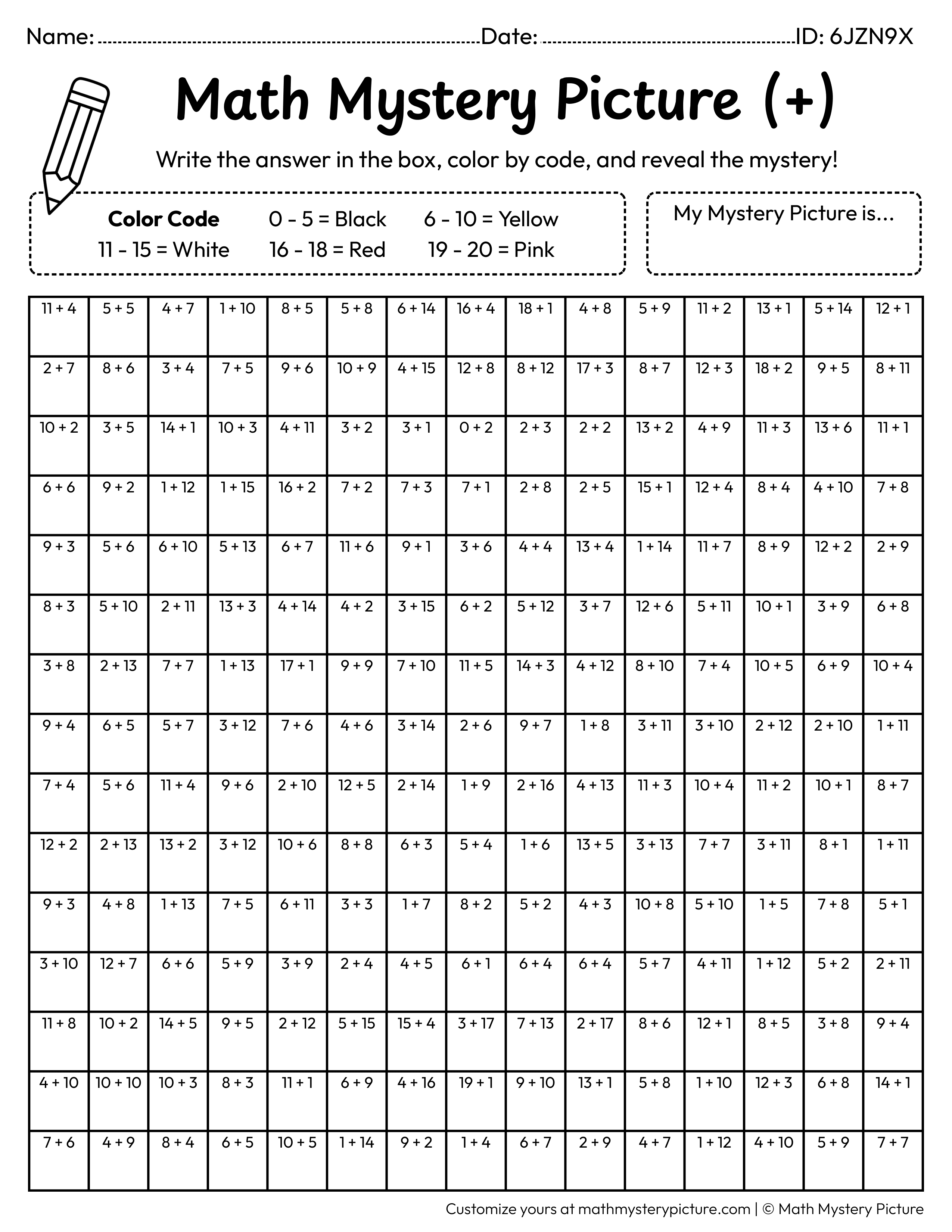 End of the Year Pencil Addition Within 20 Math Mystery Picture Coloring Worksheet