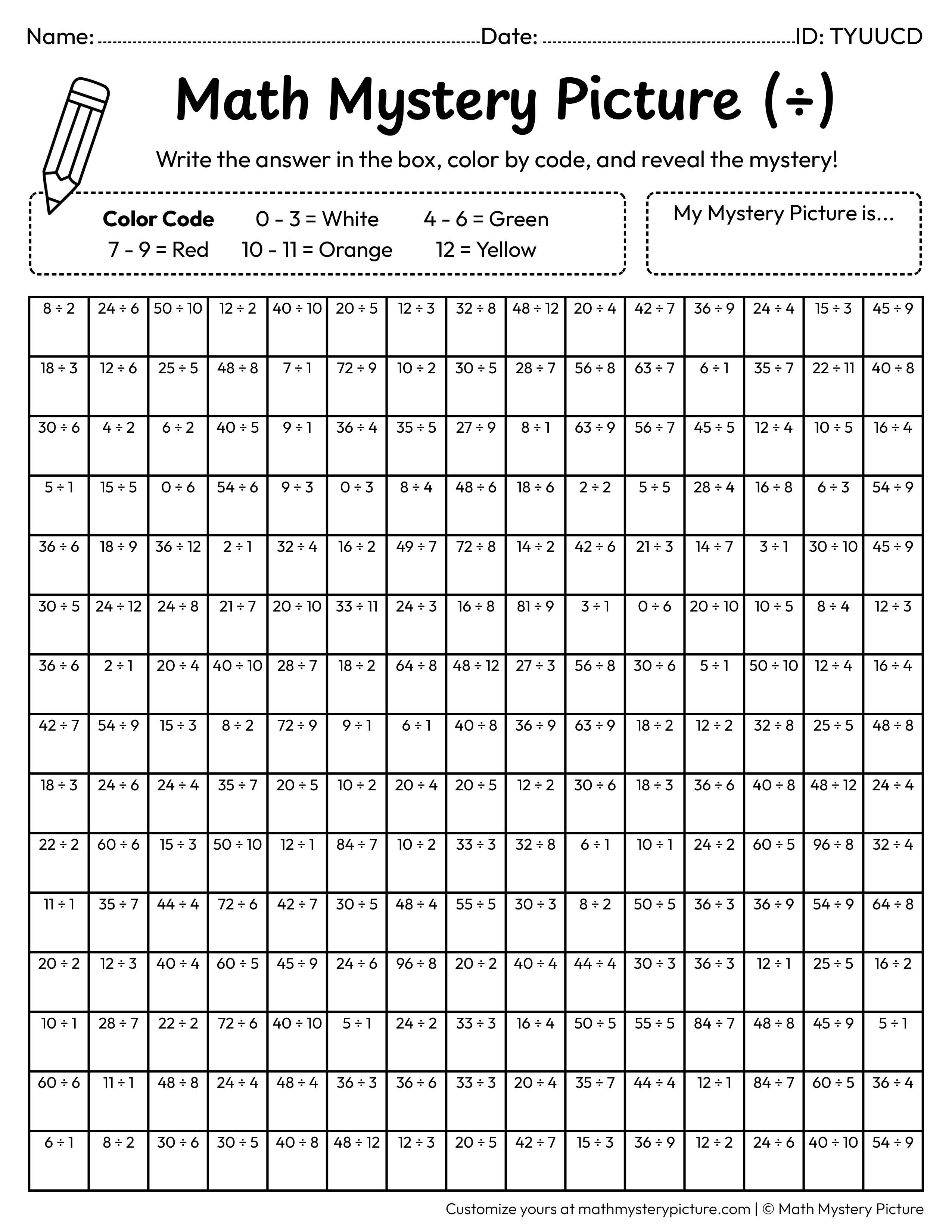 End of the Year Certificate Division Facts Math Mystery Picture Coloring Worksheet