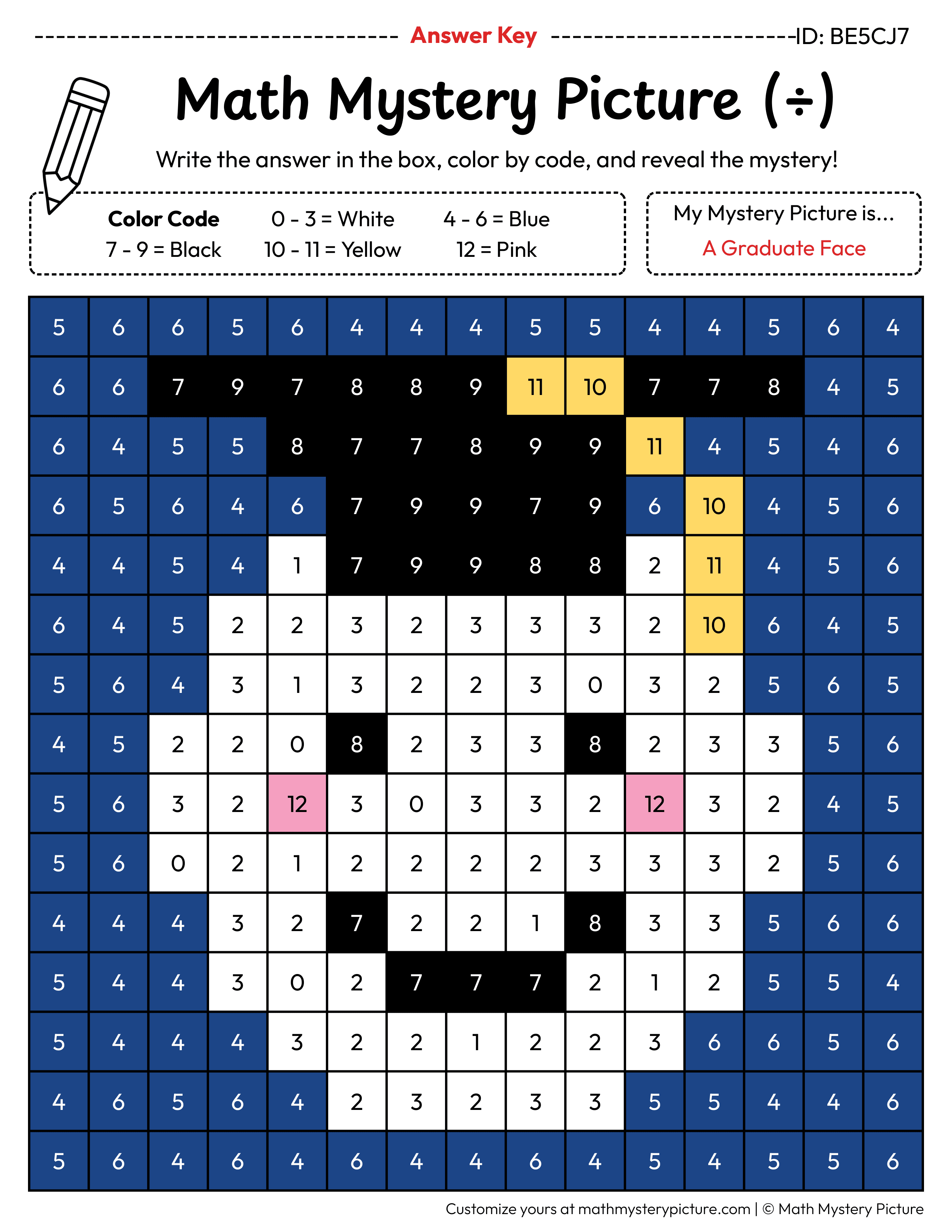 End of the Year Graduate Face Division Facts Math Mystery Picture Color by Number Answer Key
