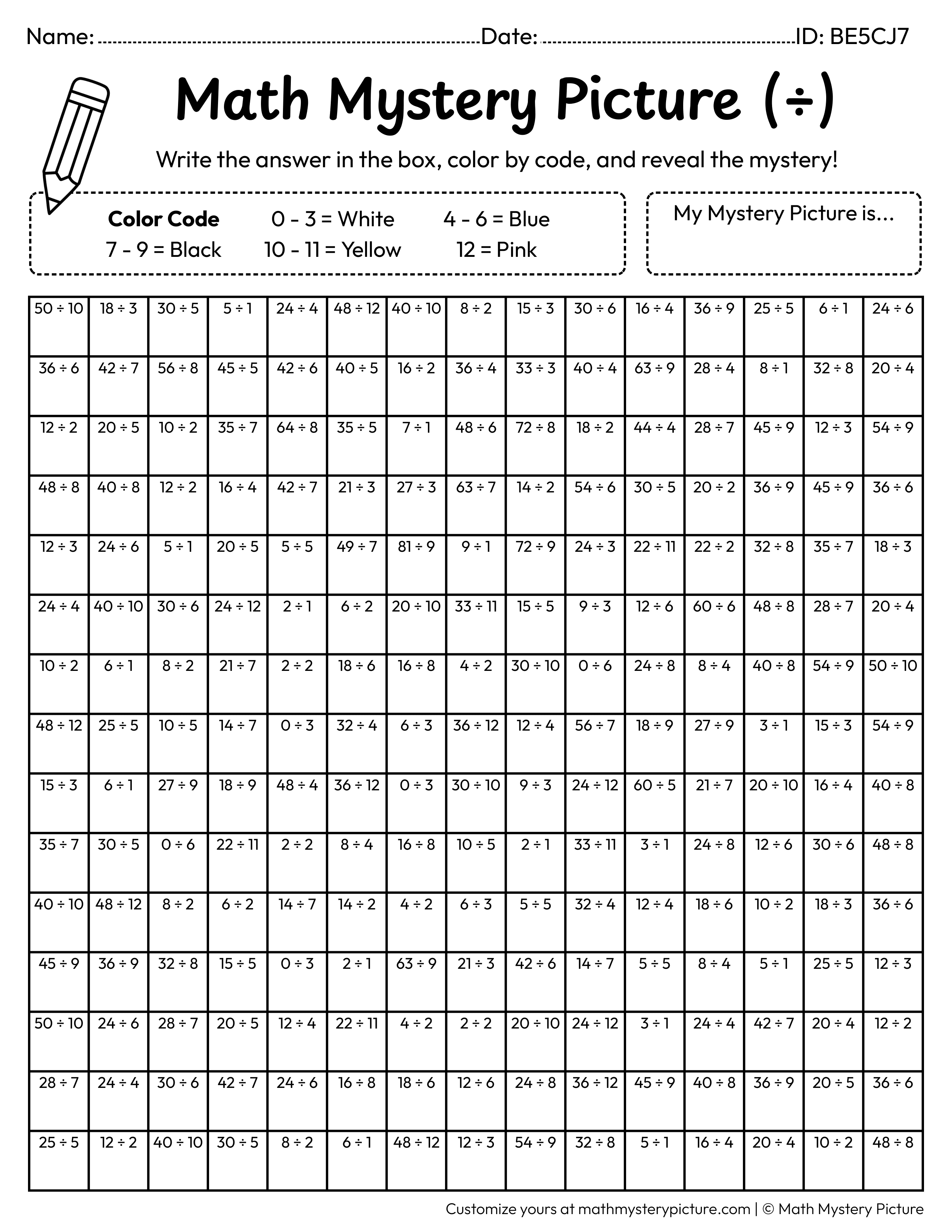 End of the Year Graduate Face Division Facts Math Mystery Picture Coloring Worksheet