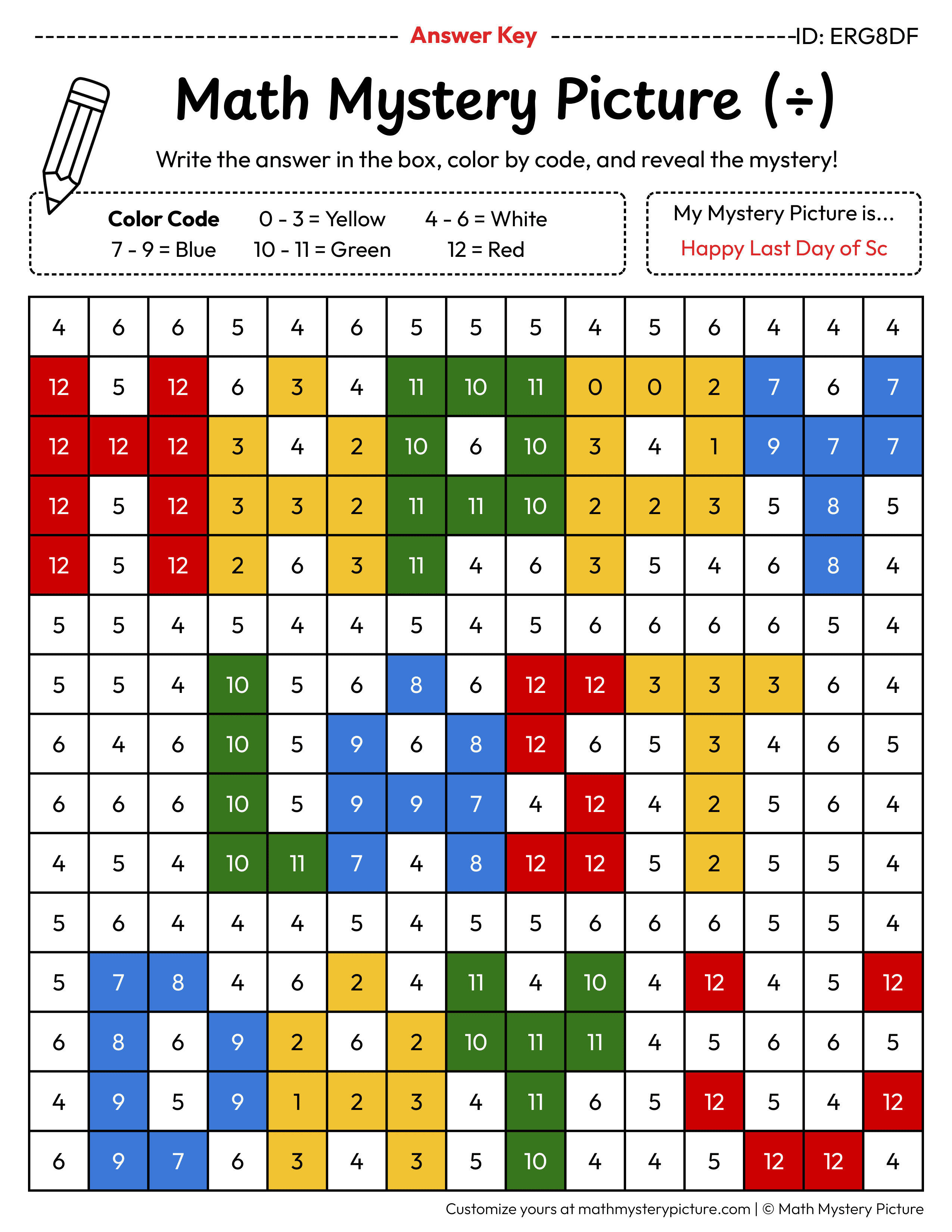 End of the Year Happy Last Day of School Division Facts Math Mystery Picture Color by Number Answer Key