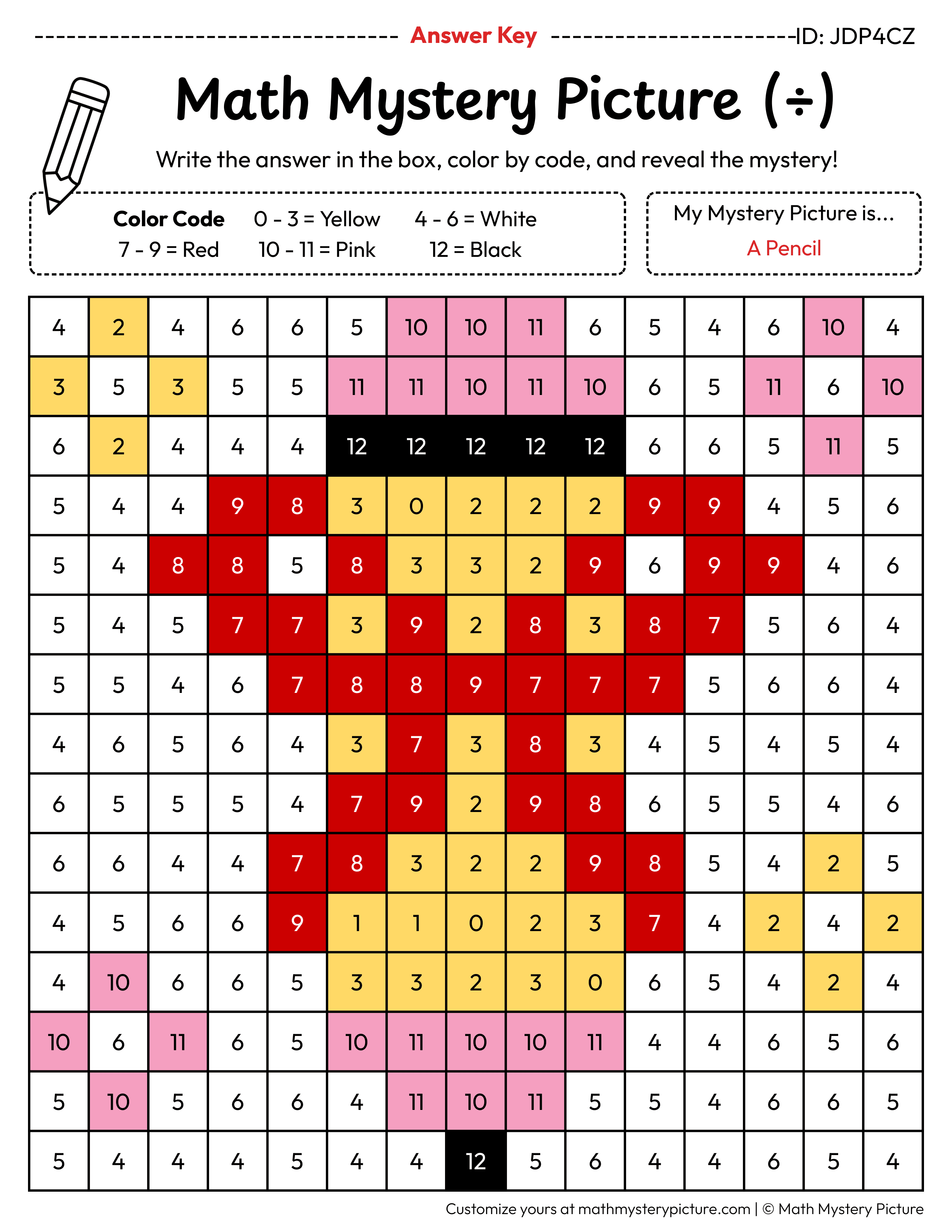 End of the Year Pencil Division Facts Math Mystery Picture Color by Number Answer Key