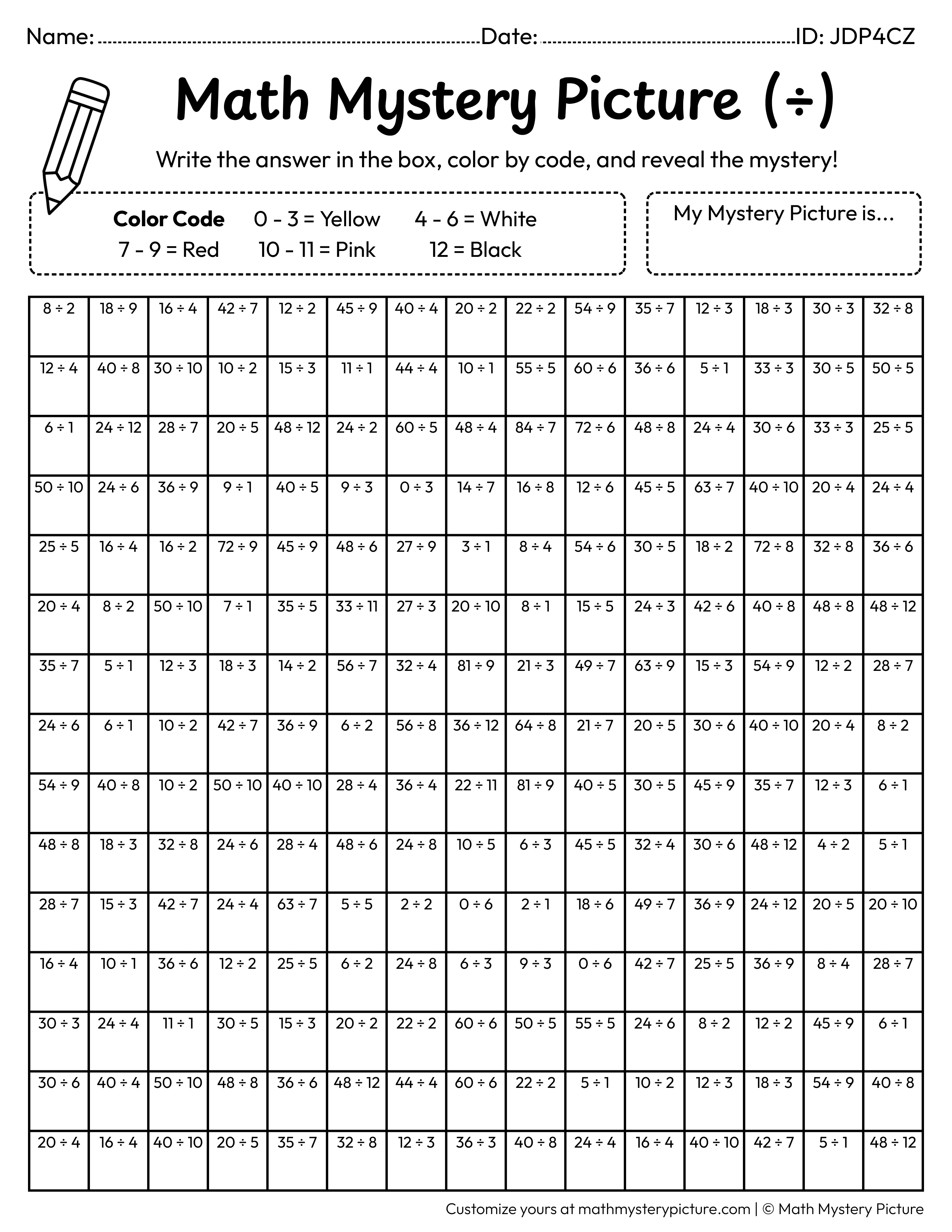 End of the Year Pencil Division Facts Math Mystery Picture Coloring Worksheet